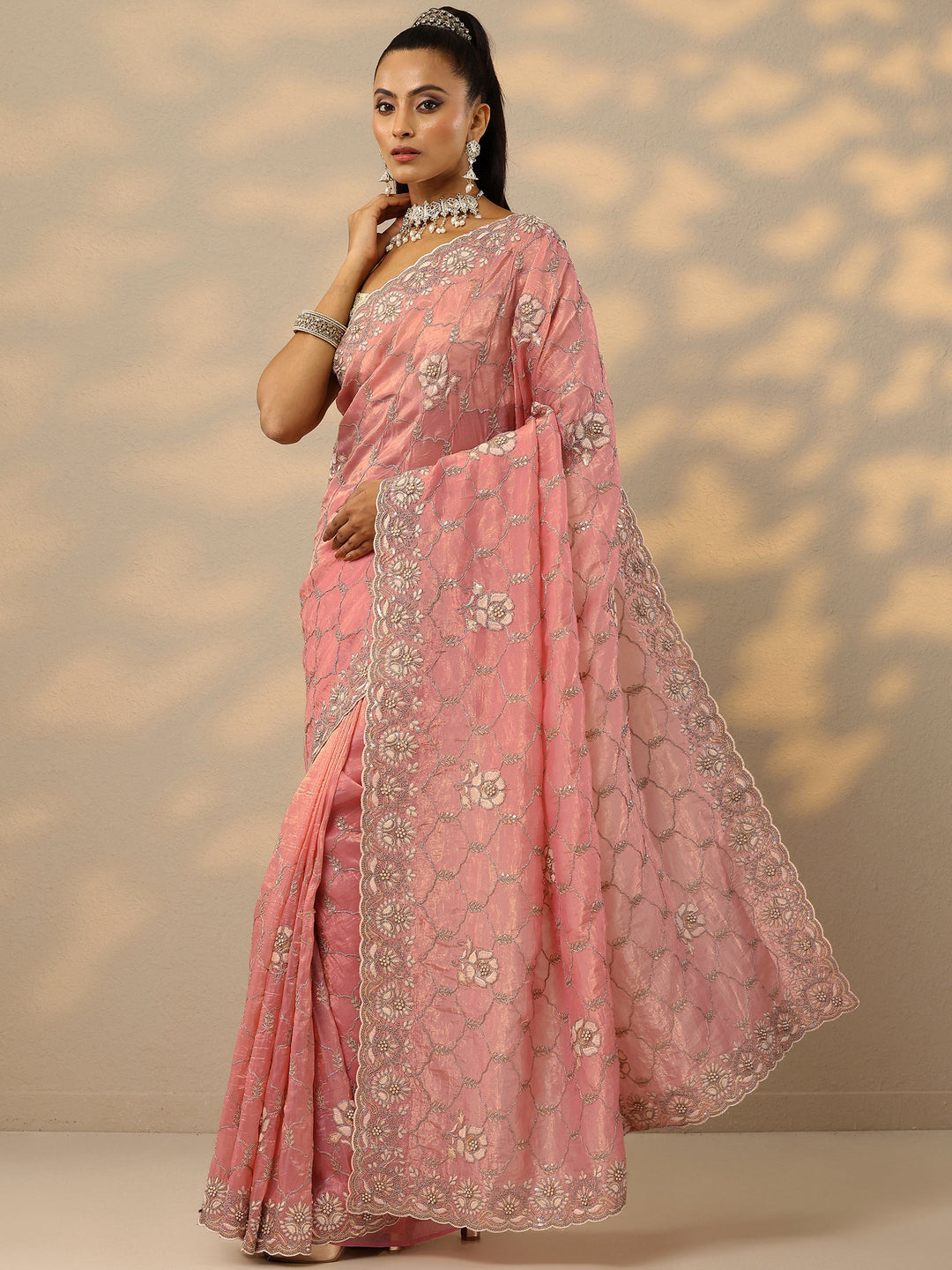  Peach Embroidered Organza Saree With Unstitched Blouse Piece 