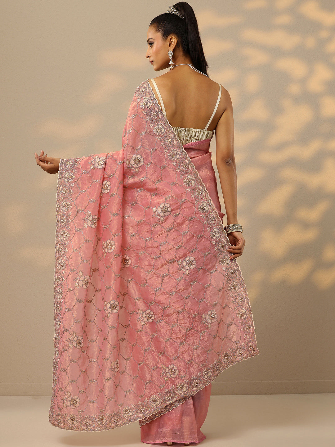  Peach Embroidered Organza Saree With Unstitched Blouse Piece 