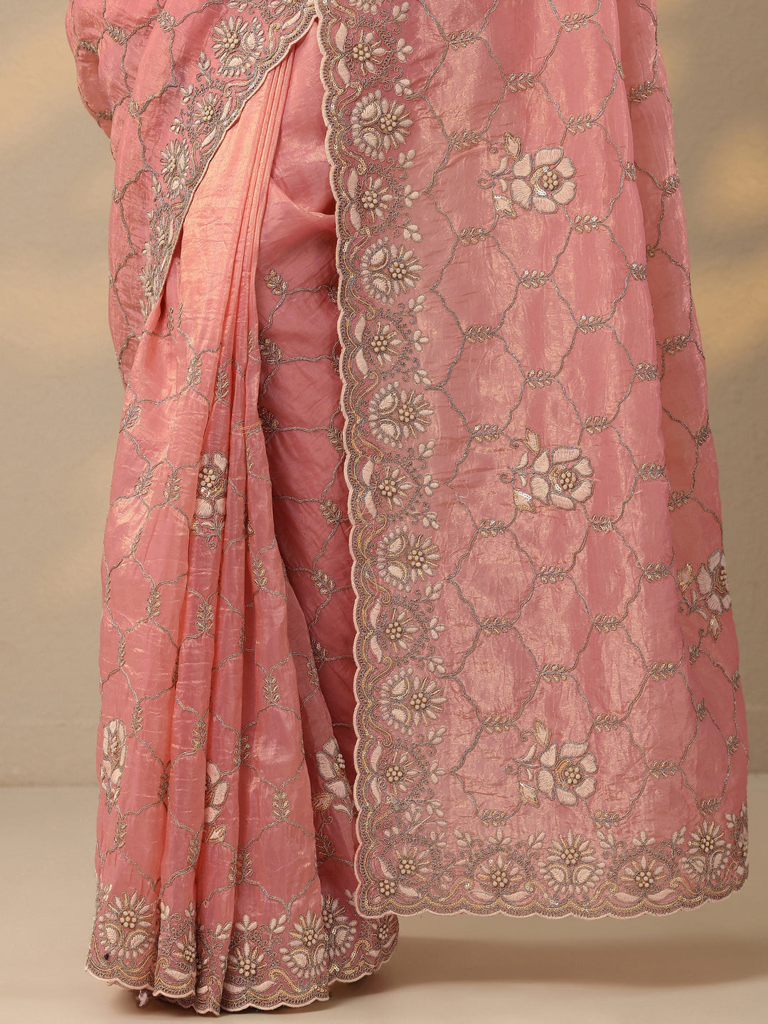  Peach Embroidered Organza Saree With Unstitched Blouse Piece 