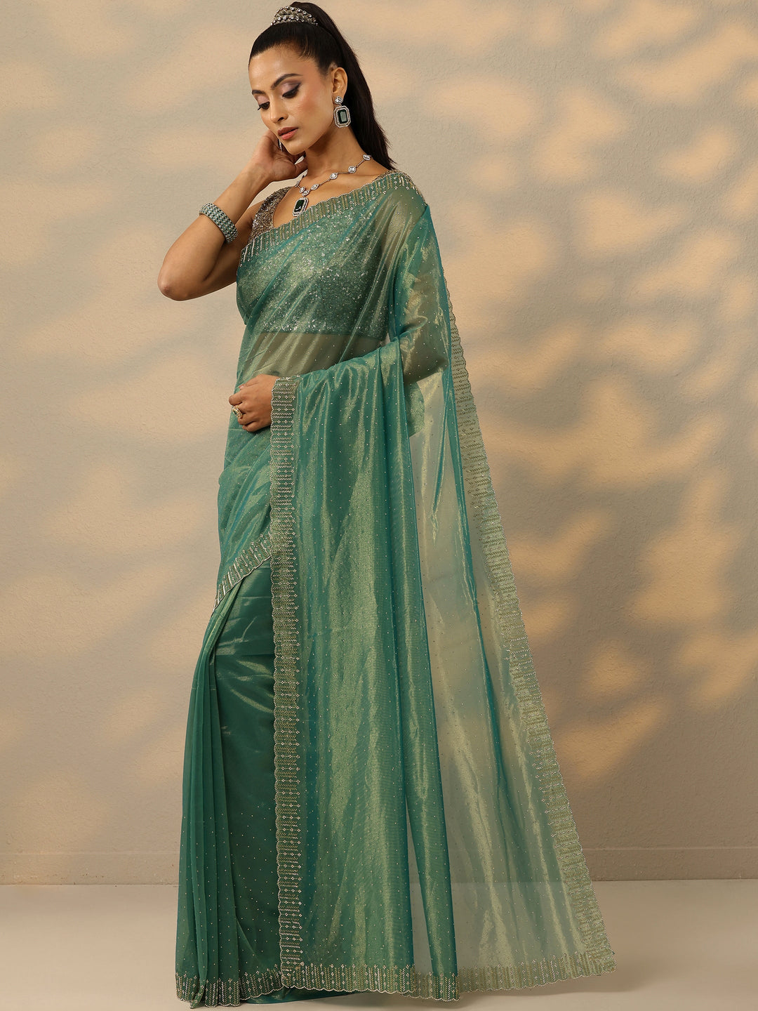  Green Embellished Nylon Saree With Unstitched Blouse Piece 