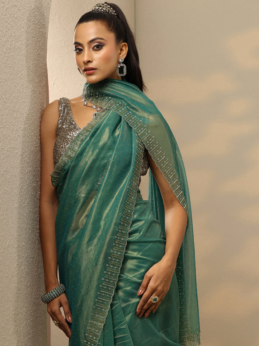  Green Embellished Nylon Saree With Unstitched Blouse Piece 