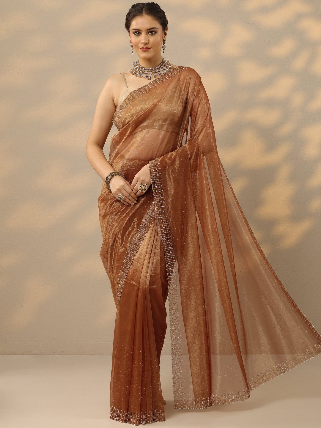  Rust Embellished Nylon Saree With Unstitched Blouse Piece 