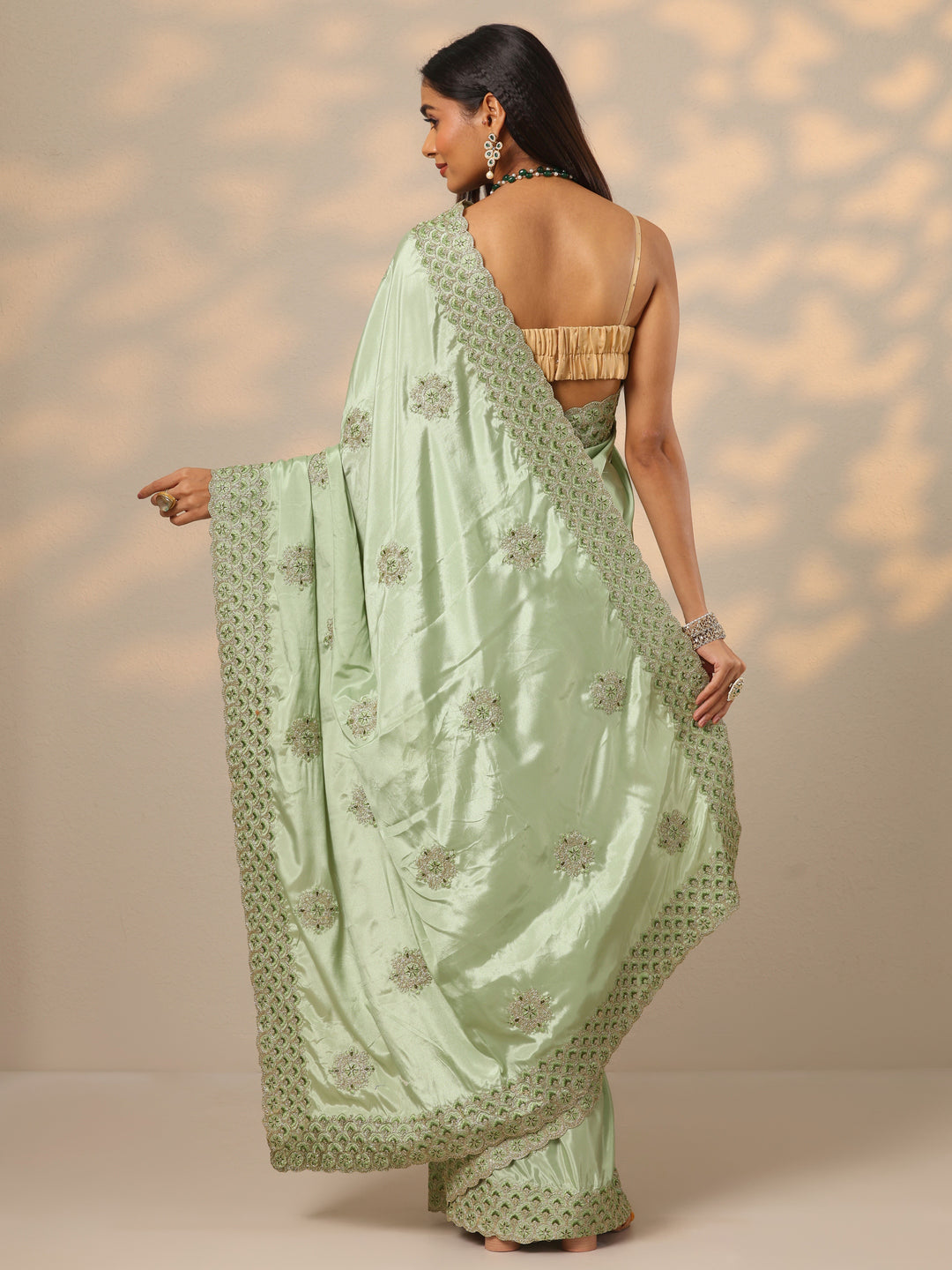  Green Embroidered Crepe Saree With Unstitched Blouse Piece 