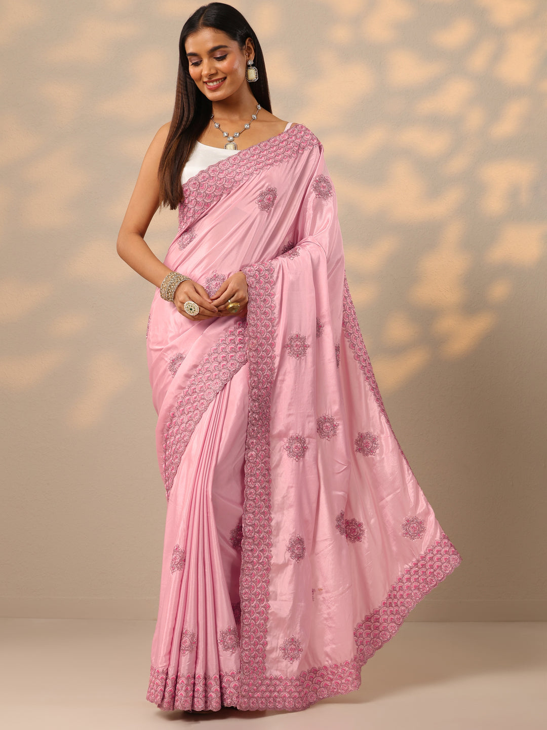  Pink Embroidered Crepe Saree With Unstitched Blouse Piece 