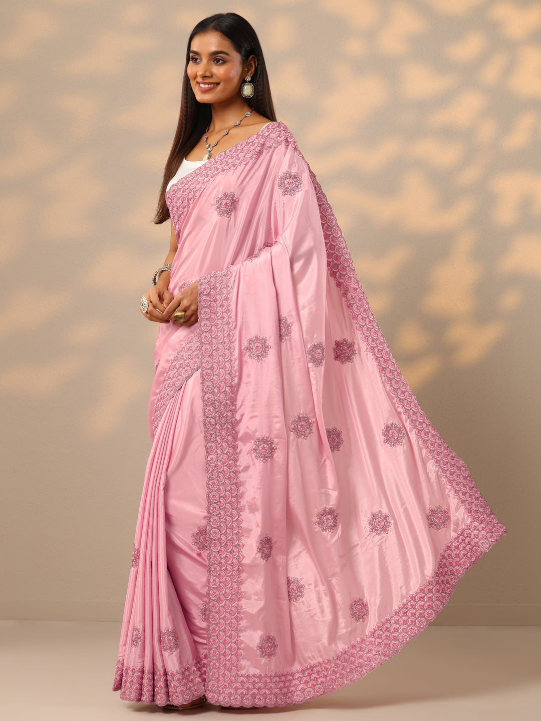  Pink Embroidered Crepe Saree With Unstitched Blouse Piece 