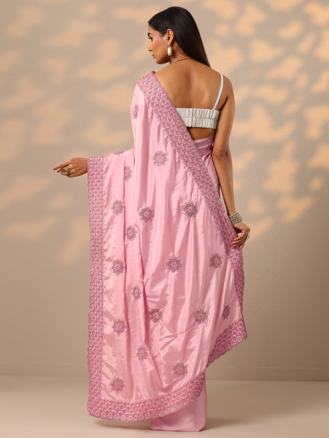 Pink Embroidered Crepe Saree With Unstitched Blouse Piece 
