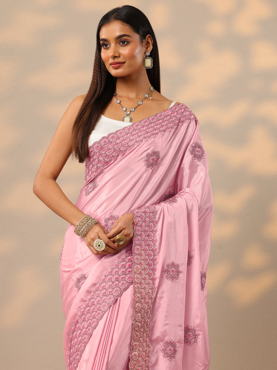  Pink Embroidered Crepe Saree With Unstitched Blouse Piece 
