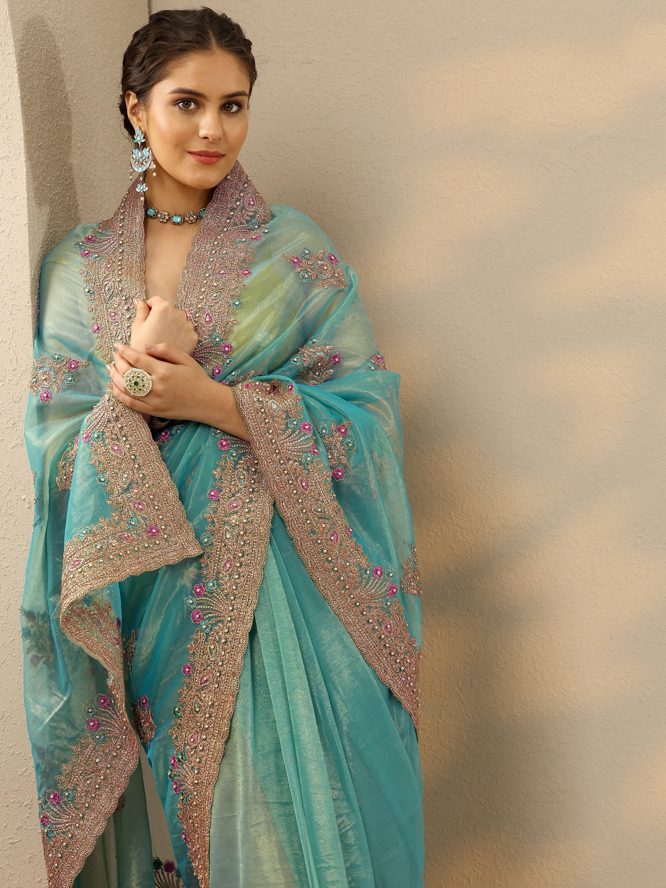 libas Blue Embroidered Nylon Saree With Unstitched Blouse Piece-picture-22
