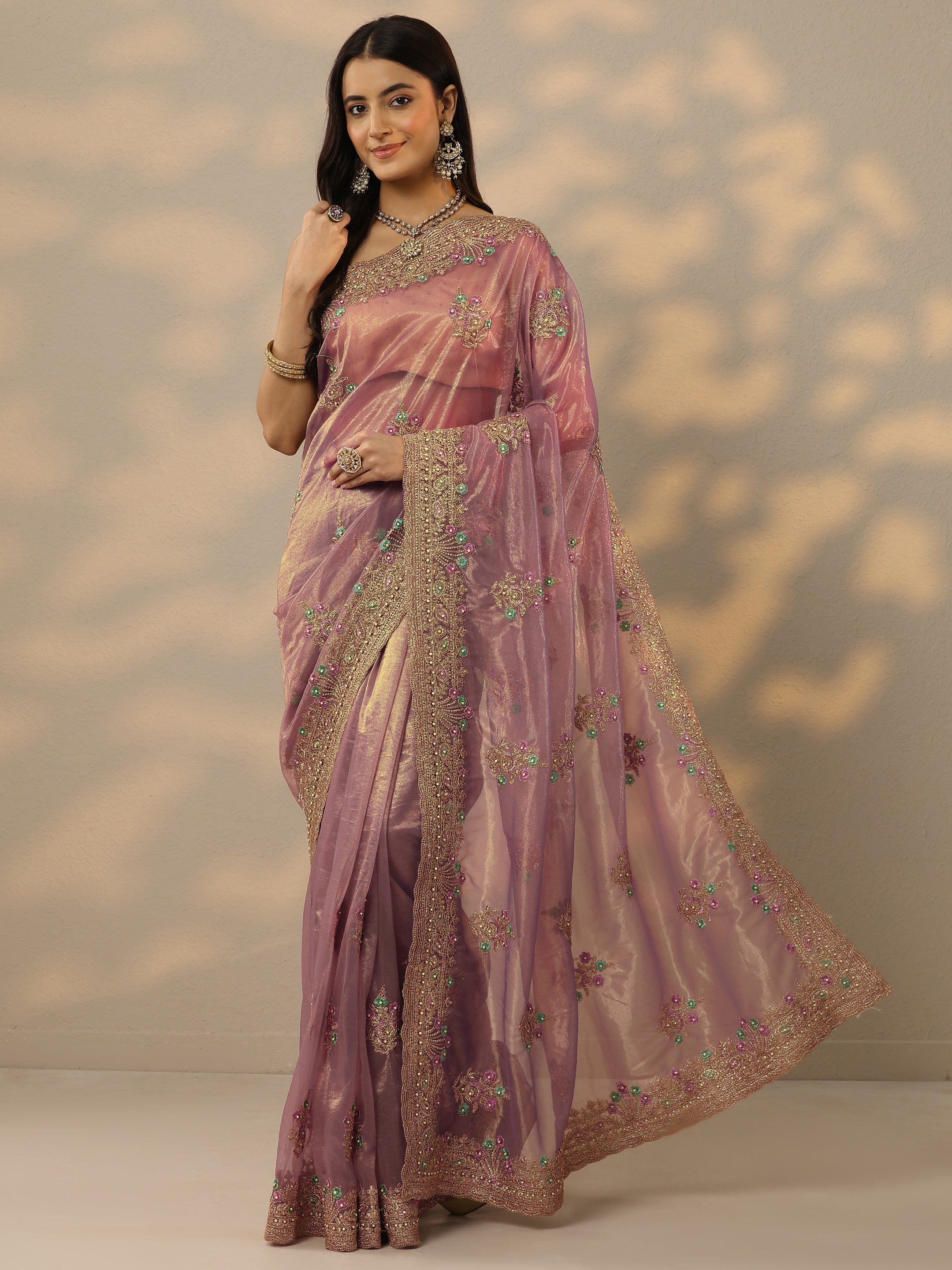 Mauve Embroidered Nylon Saree With Unstitched Blouse Piece-image-5