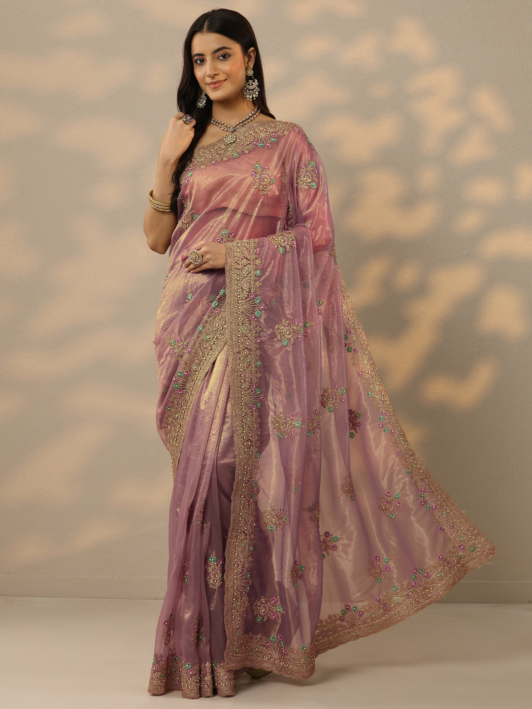 Mauve Embroidered Nylon Saree With Unstitched Blouse Piece