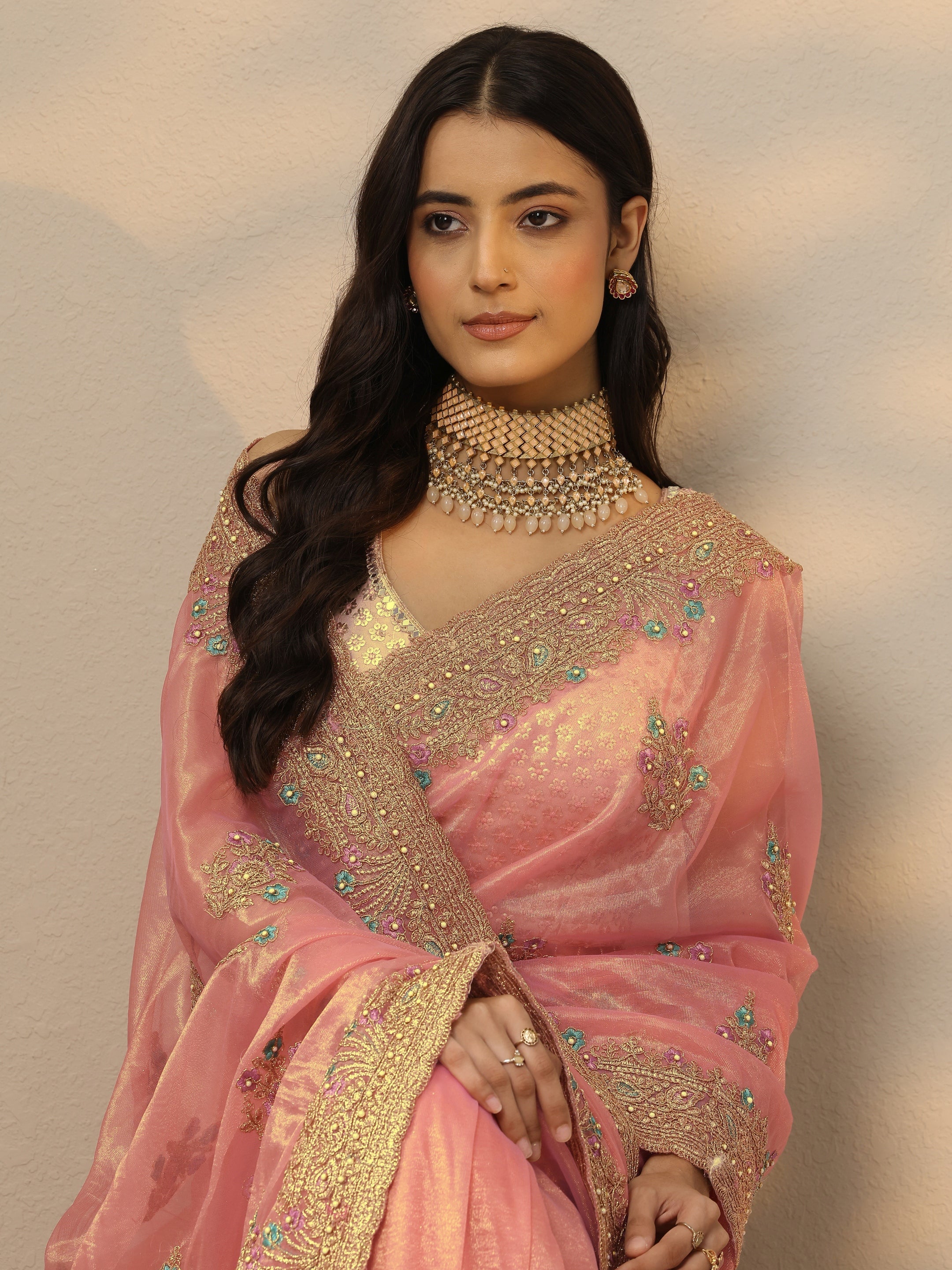 libas Peach Embroidered Nylon Saree With Unstitched Blouse Piece-picture-14