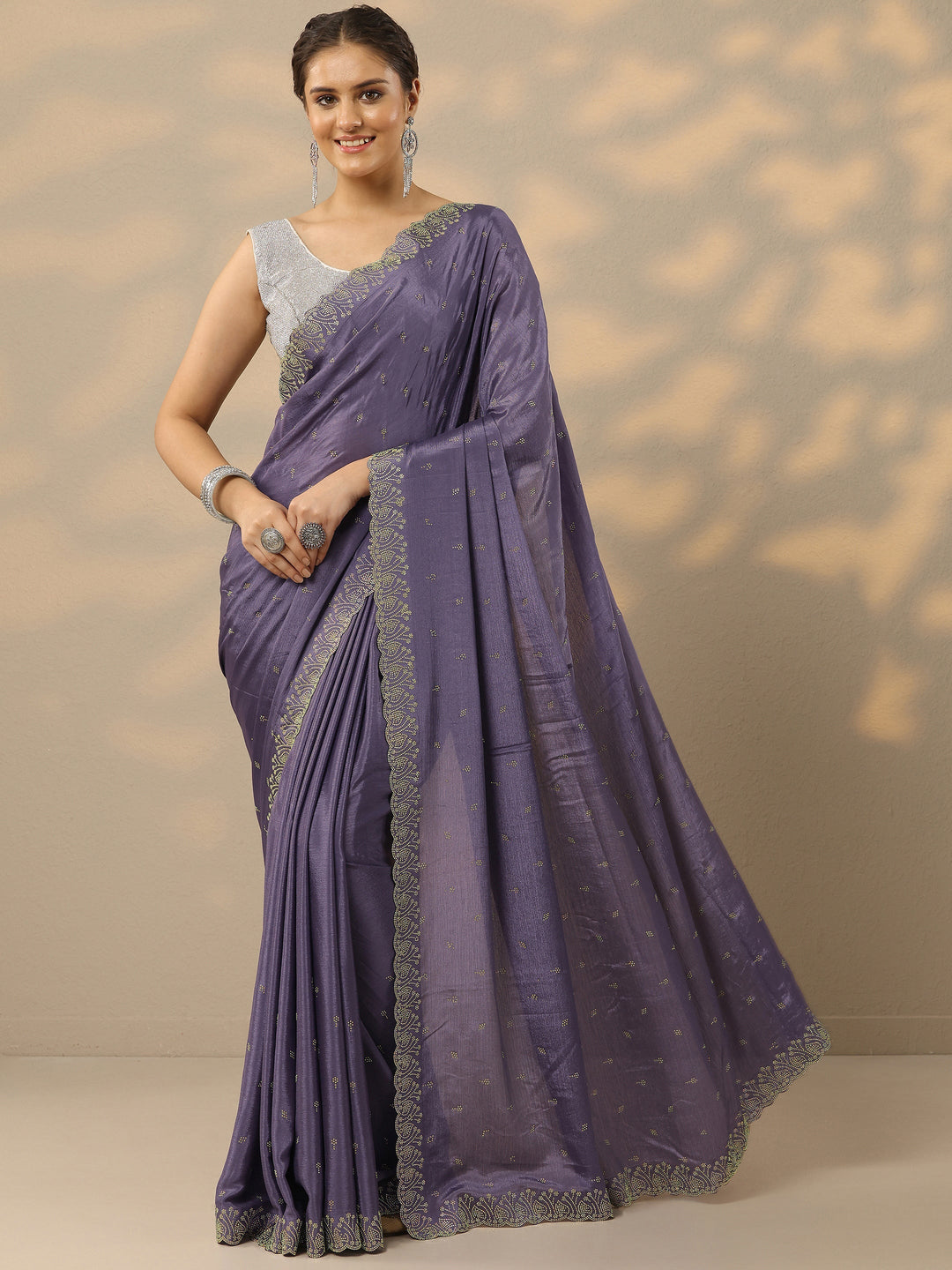  Lavender Embellished Silk Blend Saree With Unstitched Blouse Piece 