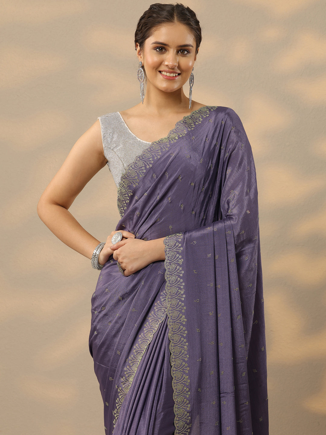  Lavender Embellished Silk Blend Saree With Unstitched Blouse Piece 