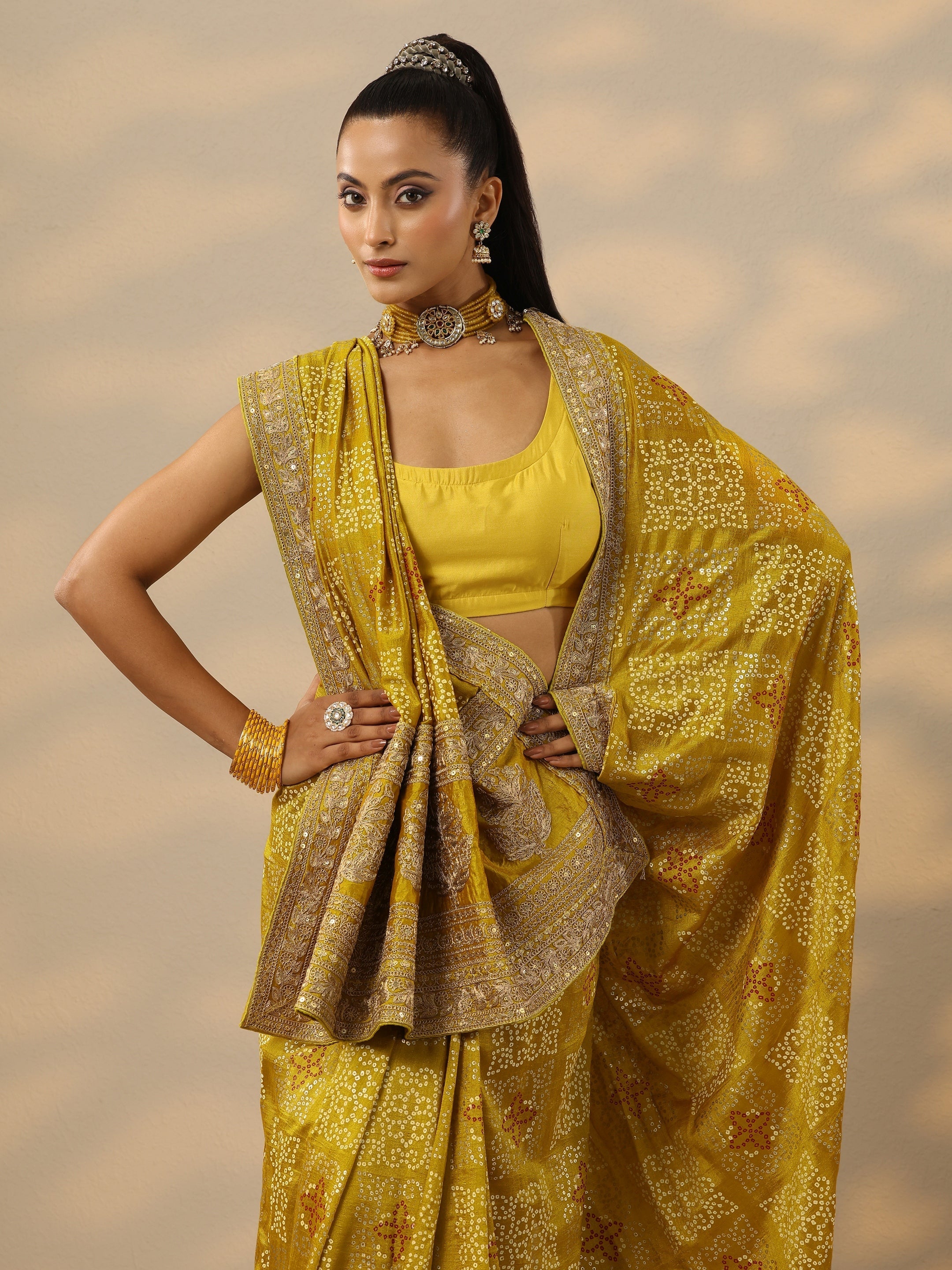 libas Mustard Printed Banarasi Silk Blend Saree With Unstitched Blouse Piece-picture-33