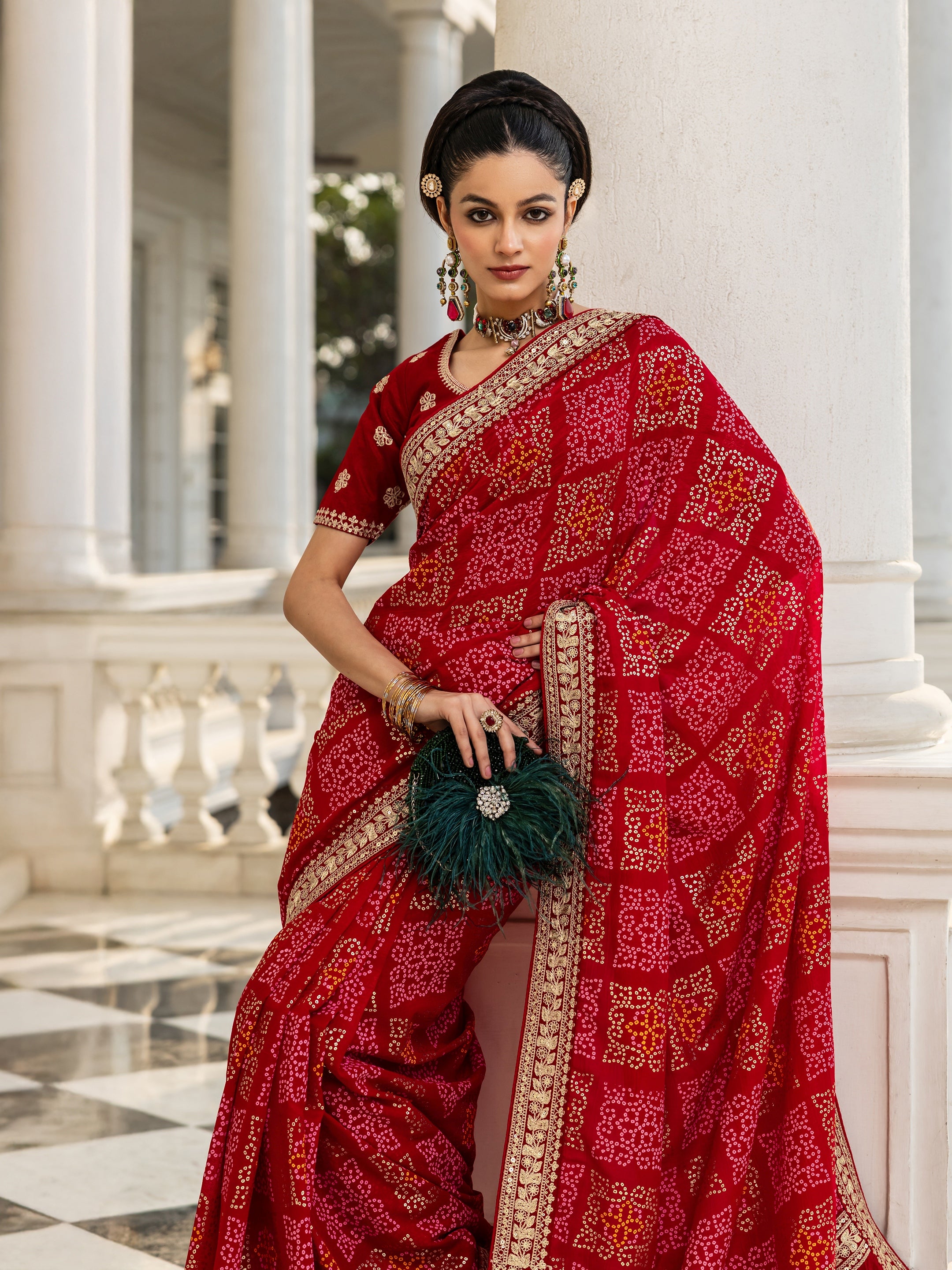 libas Red Bandhani Printed Silk Blend Saree With Unstitched Blouse Piece-picture-28