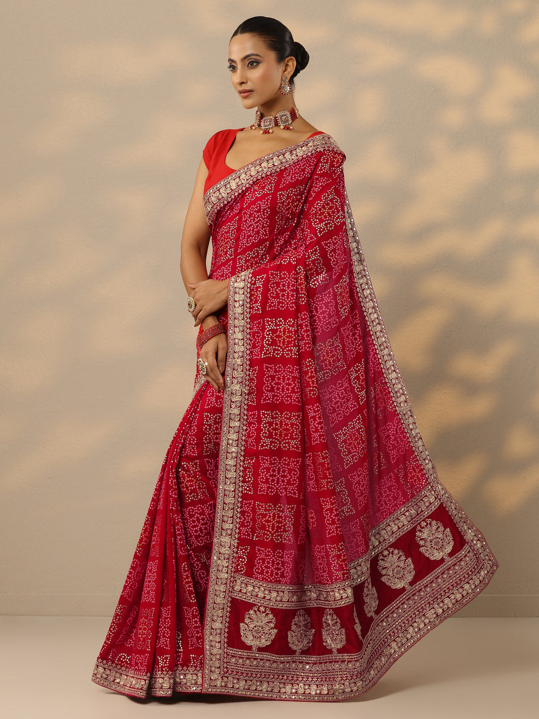  Red Bandhani  Printed Silk Blend Saree With Unstitched Blouse Piece 