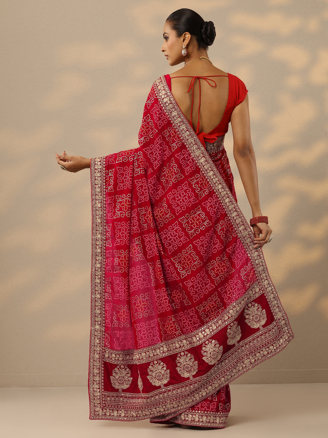  Red Bandhani  Printed Silk Blend Saree With Unstitched Blouse Piece 