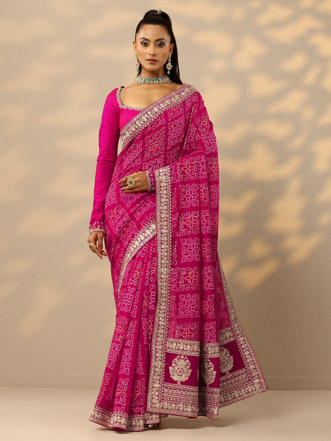  Pink Bandhani  Printed Silk Blend Saree With Unstitched Blouse Piece 
