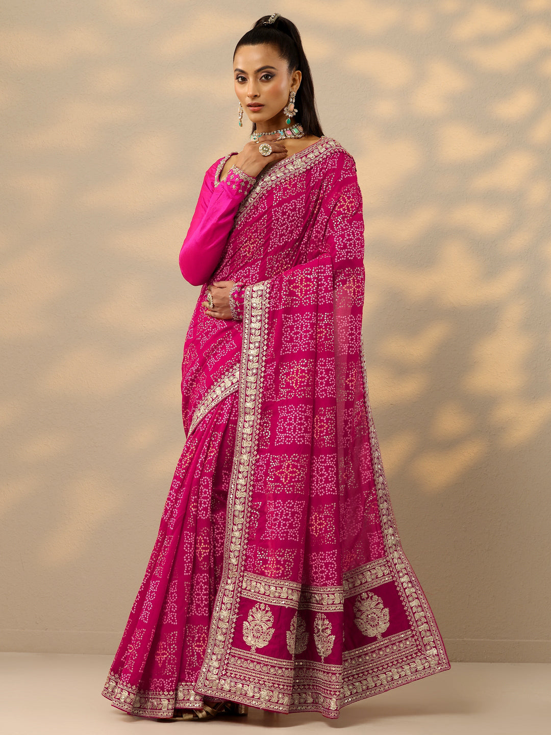 Pink Bandhani  Printed Silk Blend Saree With Unstitched Blouse Piece 