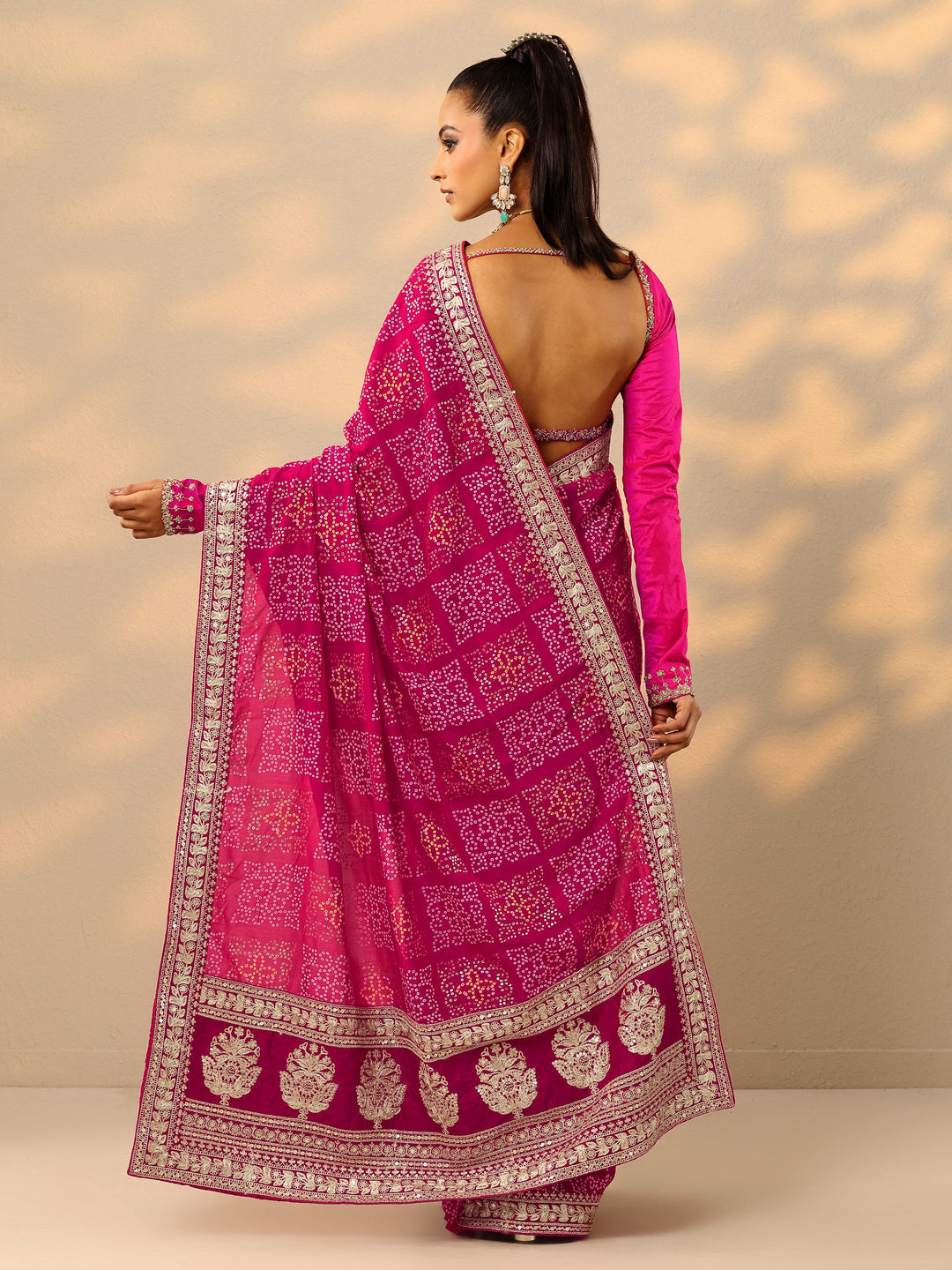 Pink Bandhani  Printed Silk Blend Saree With Unstitched Blouse Piece 