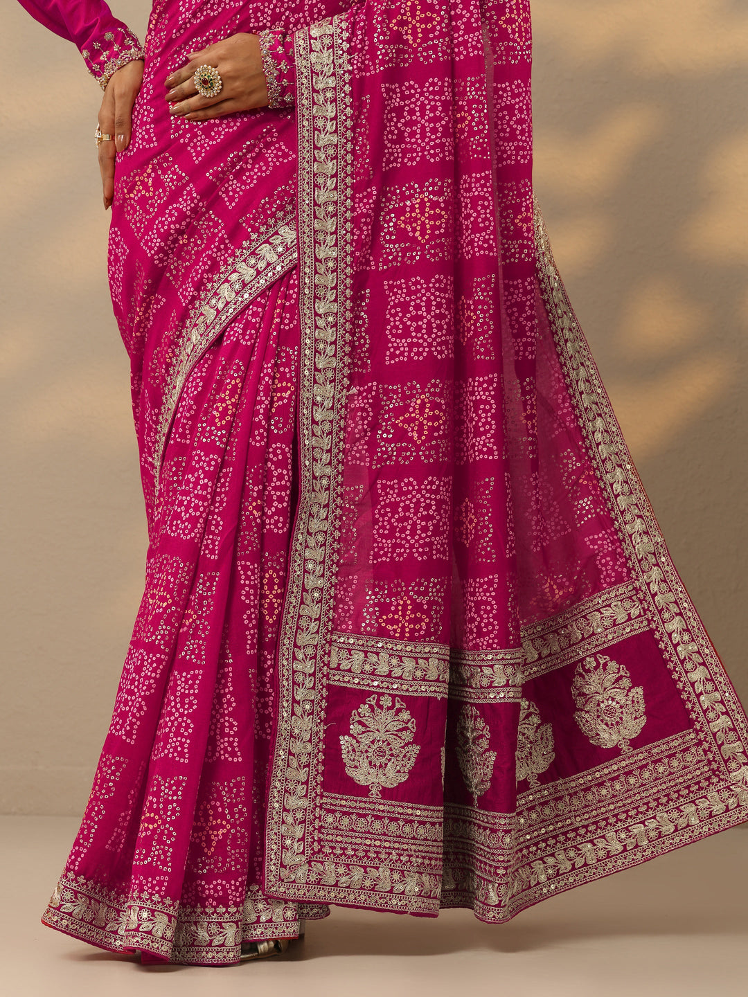  Pink Bandhani  Printed Silk Blend Saree With Unstitched Blouse Piece 