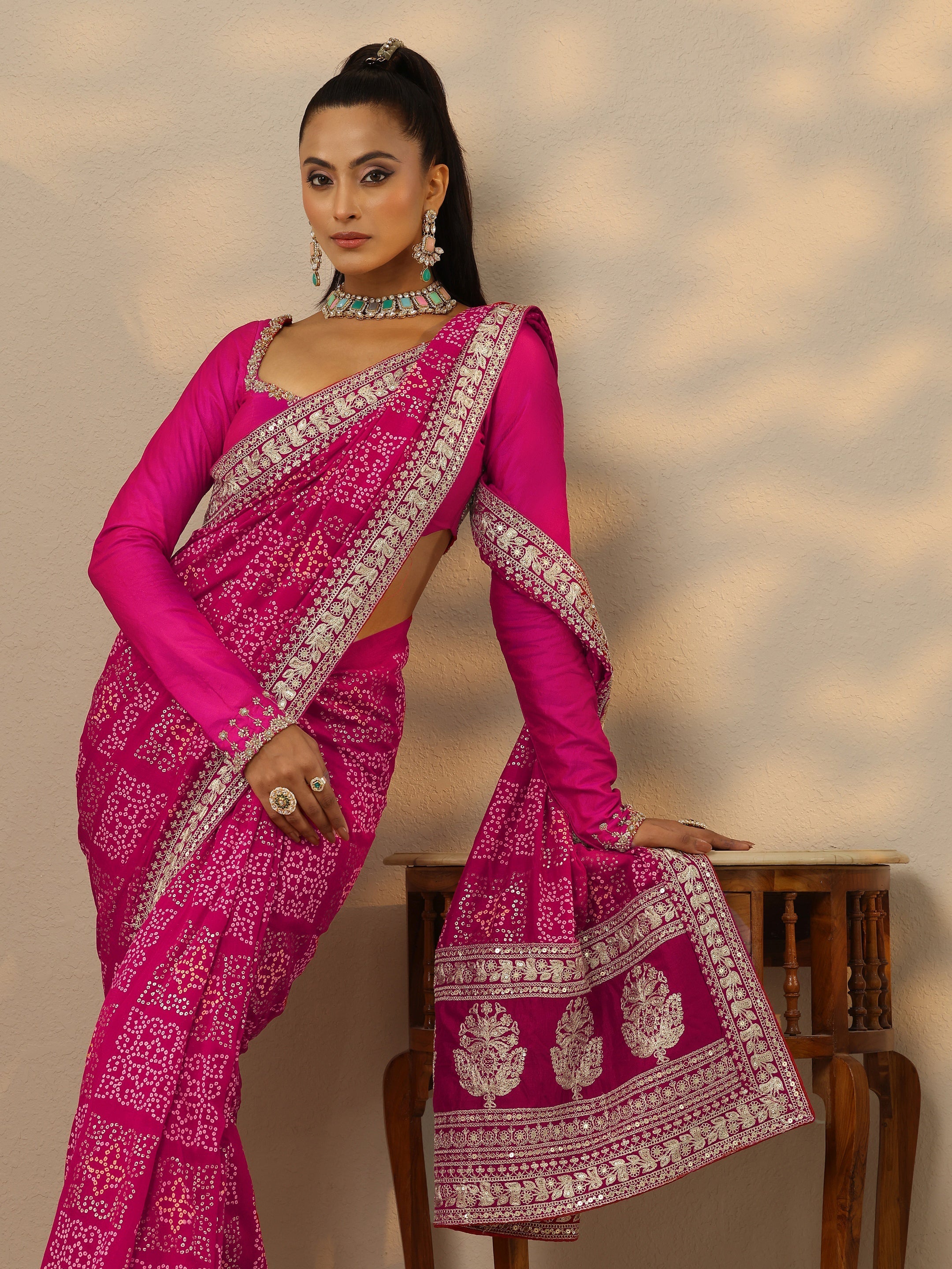 libas Pink Bandhani Printed Silk Blend Saree With Unstitched Blouse Piece-picture-43