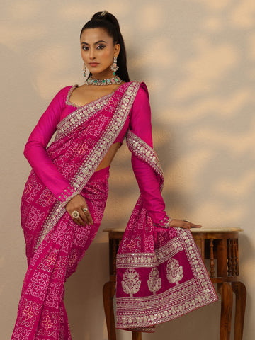 Pink Bandhani  Printed Silk Blend Saree With Unstitched Blouse Piece