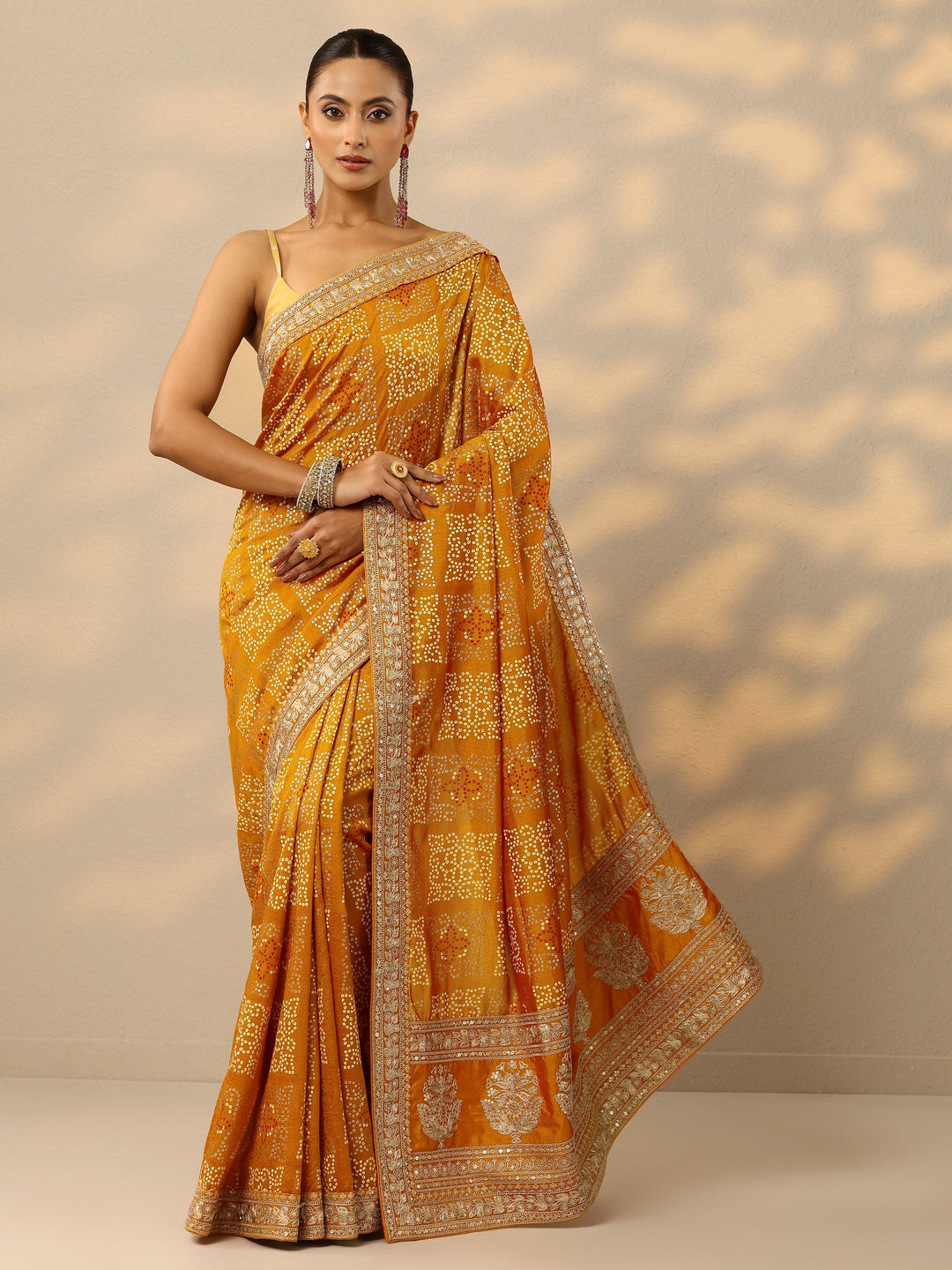  Mustard Bandhani  Printed Silk Blend Saree With Unstitched Blouse Piece 