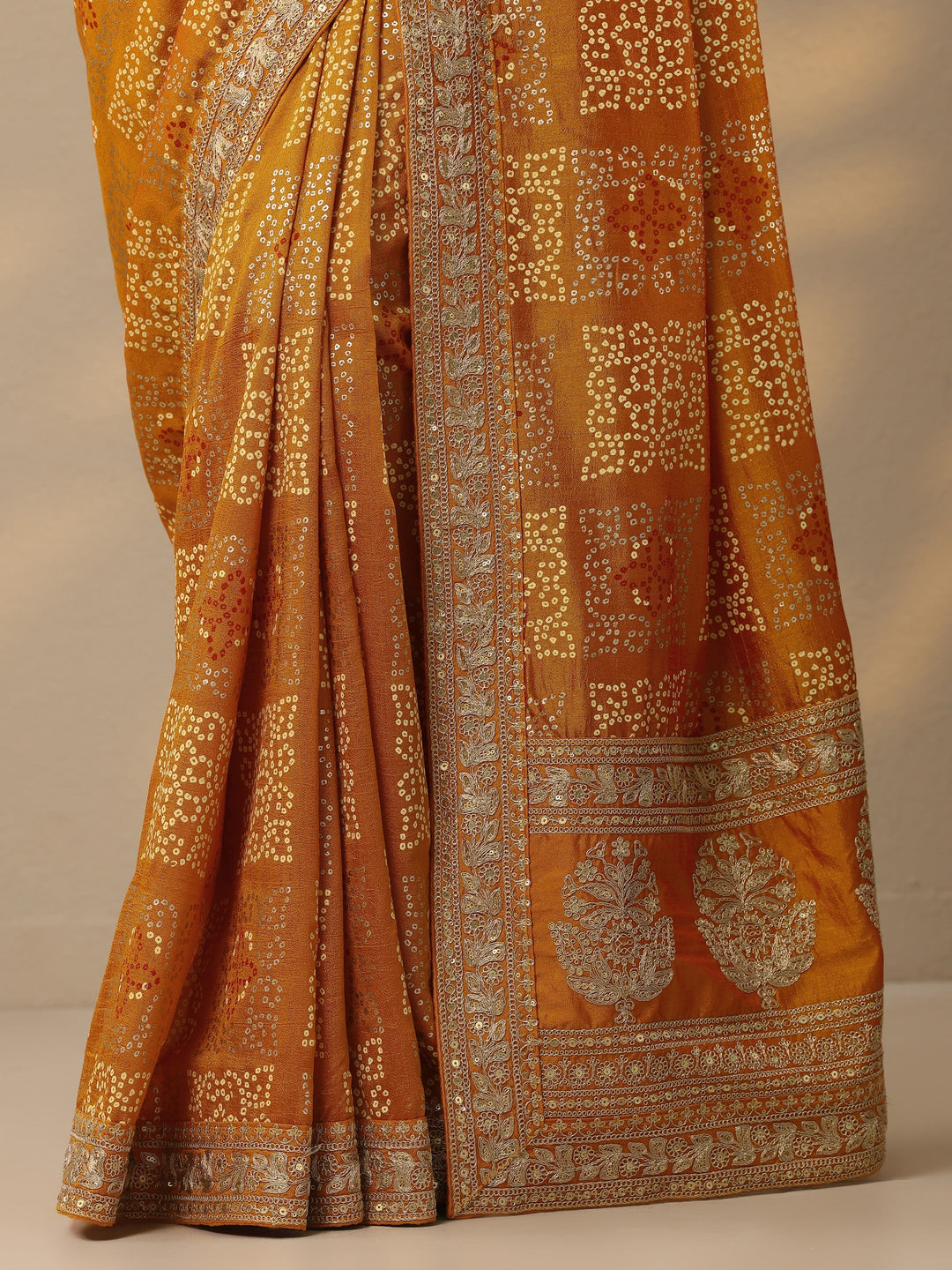  Mustard Bandhani  Printed Silk Blend Saree With Unstitched Blouse Piece 