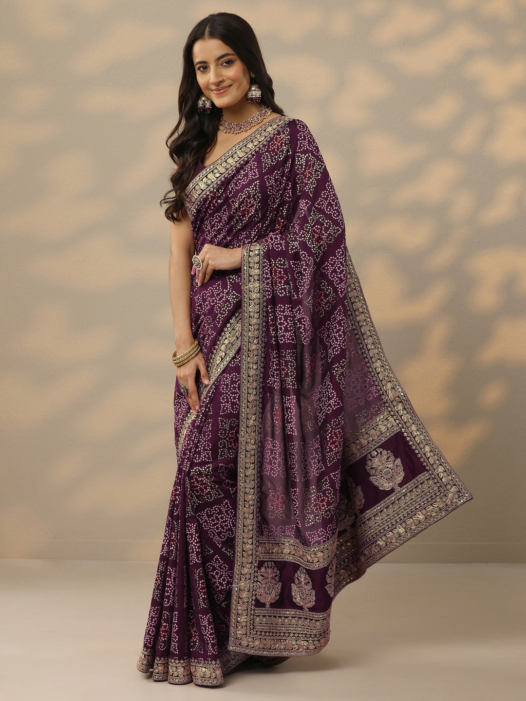  Burgundy Bandhani Printed Silk Blend Saree With Unstitched Blouse Piece 