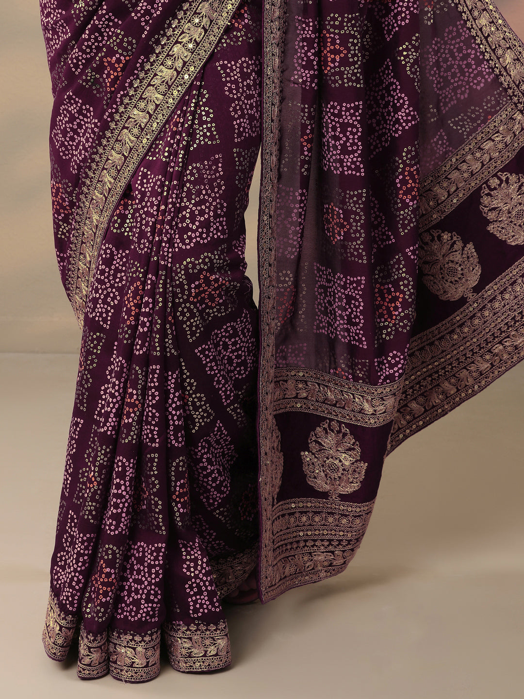  Burgundy Bandhani Printed Silk Blend Saree With Unstitched Blouse Piece 