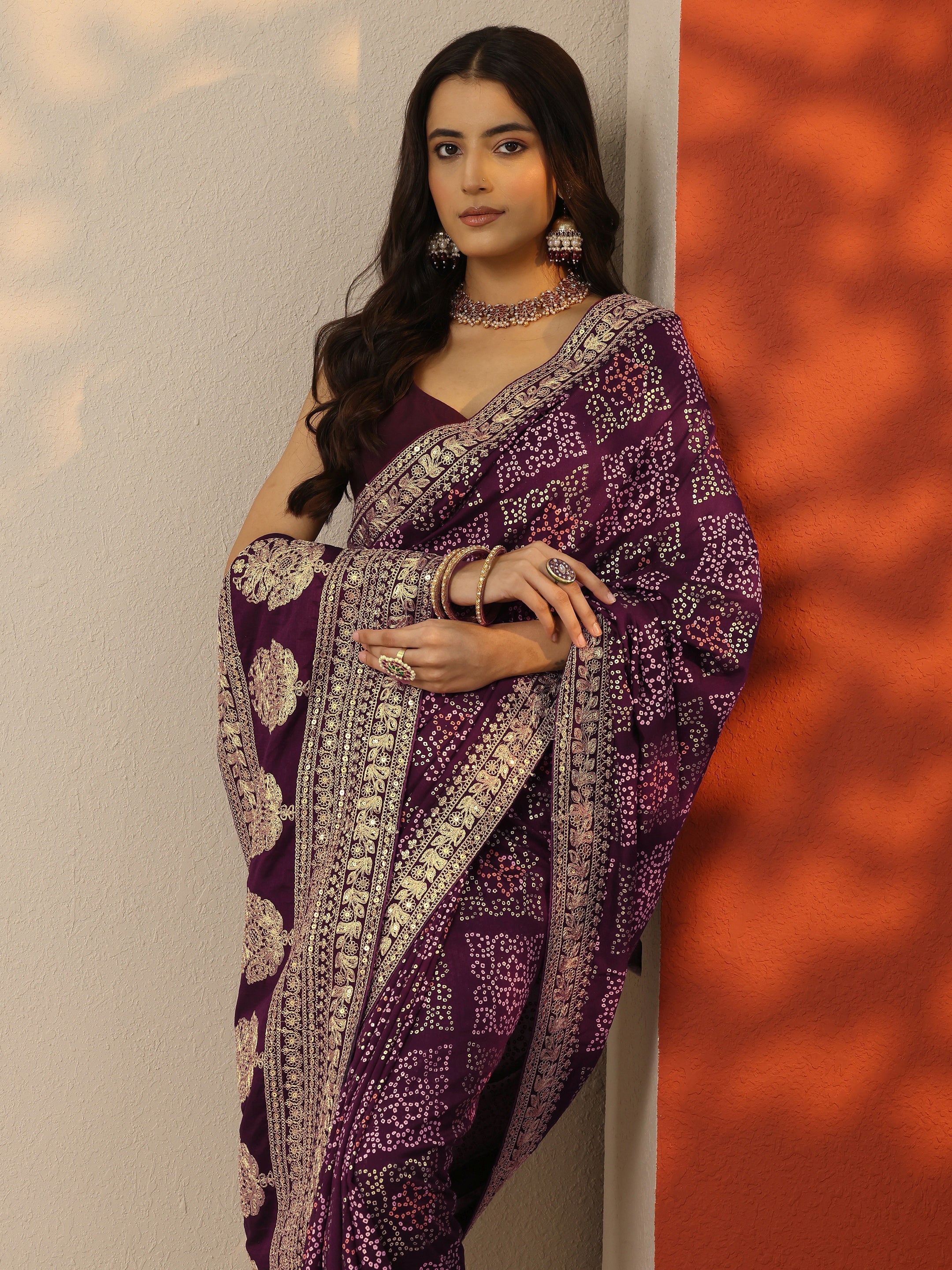 libas Burgundy Bandhani Printed Silk Blend Saree With Unstitched Blouse Piece-picture-23