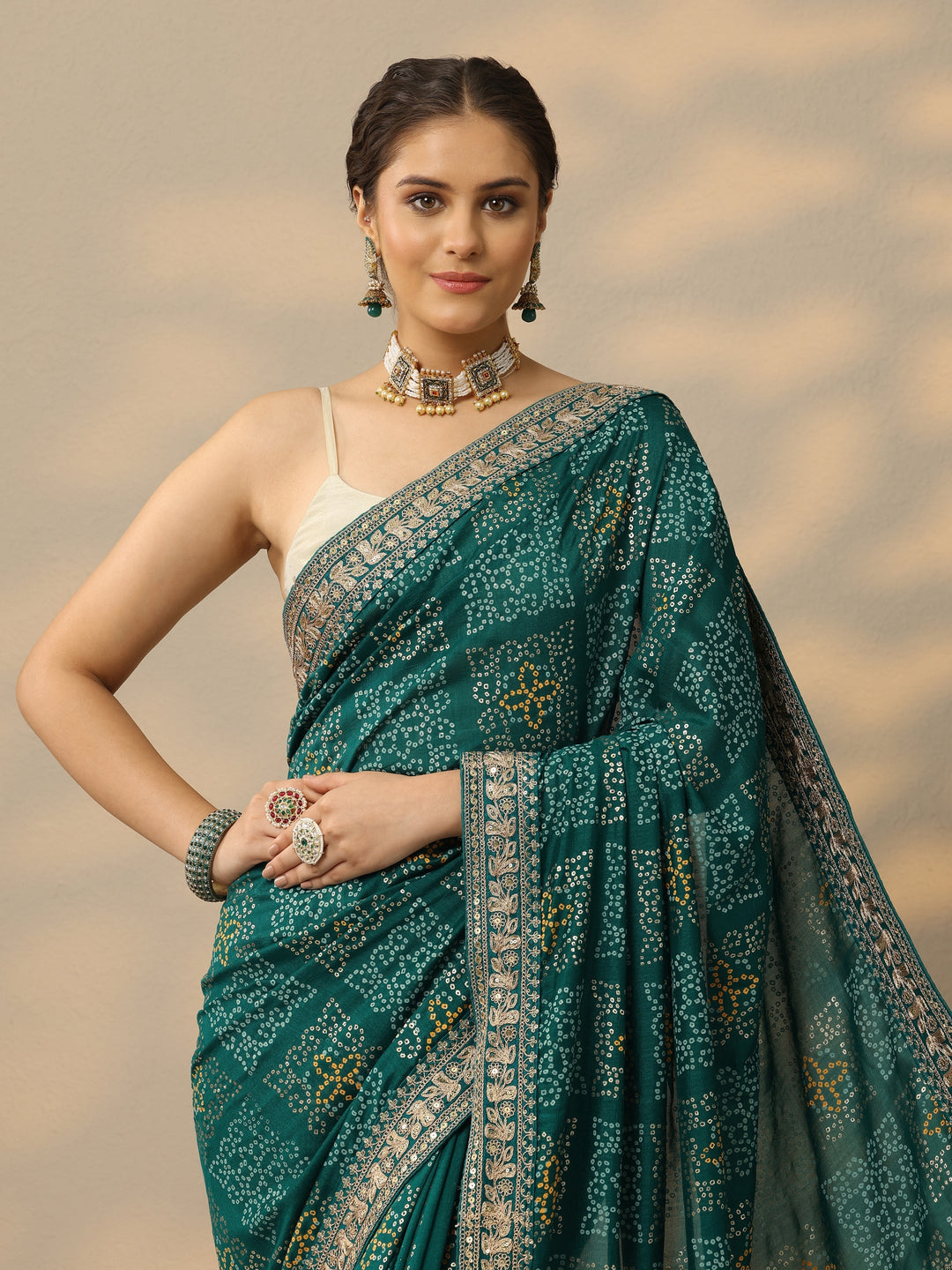  Green Bandhani  Printed Silk Blend Saree With Unstitched Blouse Piece 