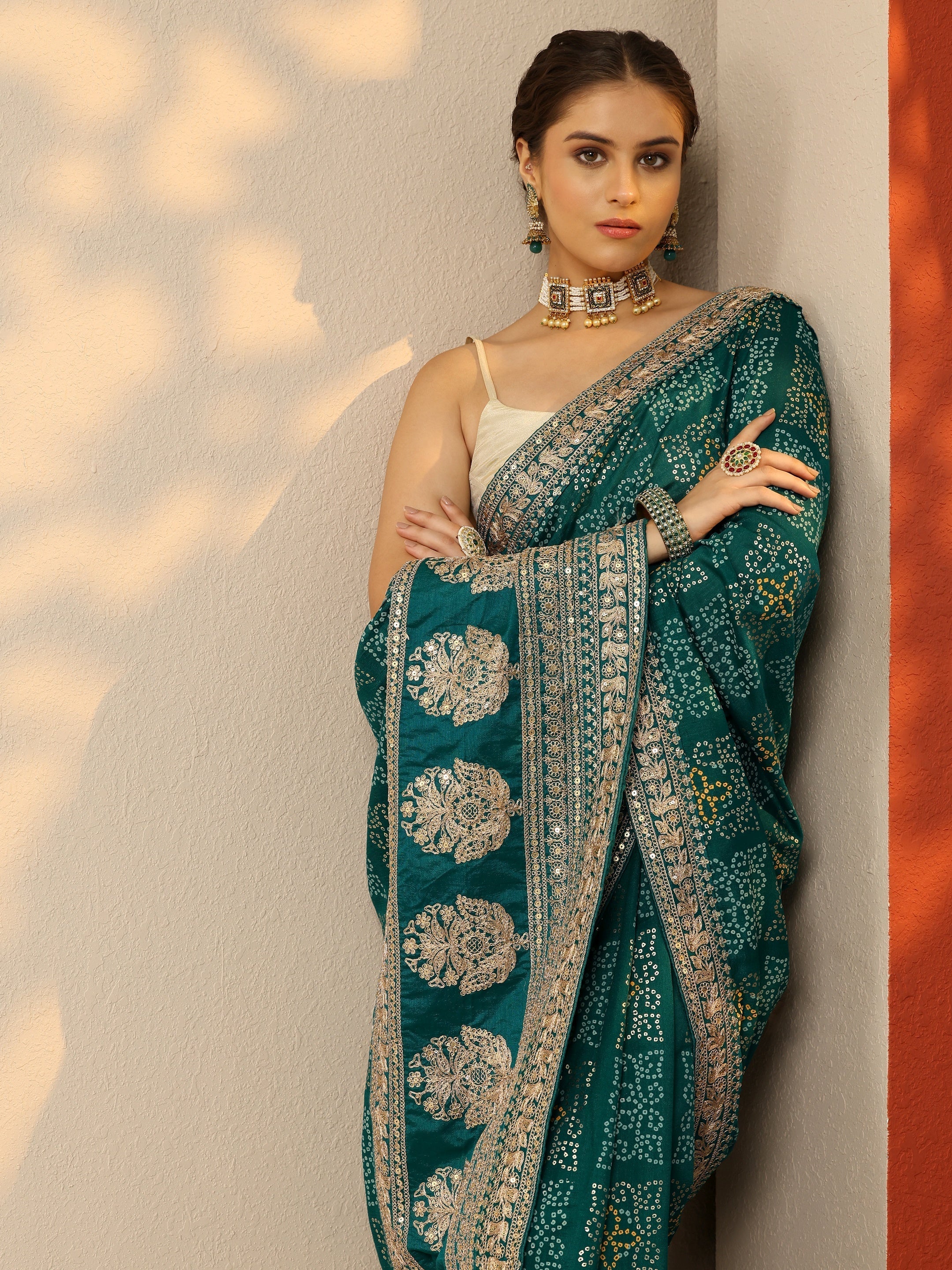 libas Green Bandhani Printed Silk Blend Saree With Unstitched Blouse Piece-picture-32