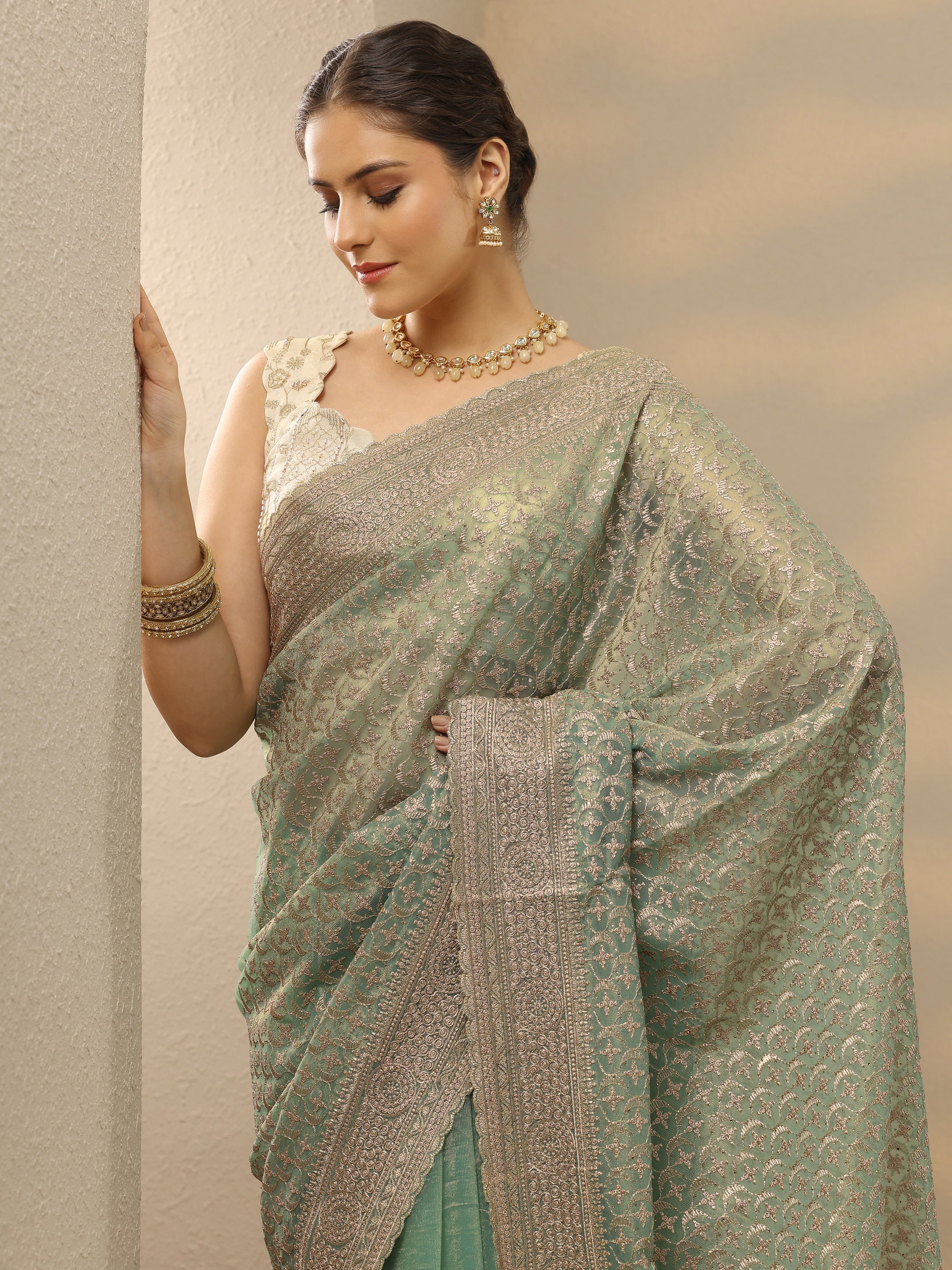libas Green Embroidered Nylon Saree With Unstitched Blouse Piece-picture-38
