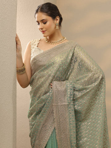Green Embroidered Nylon Saree With Unstitched Blouse Piece