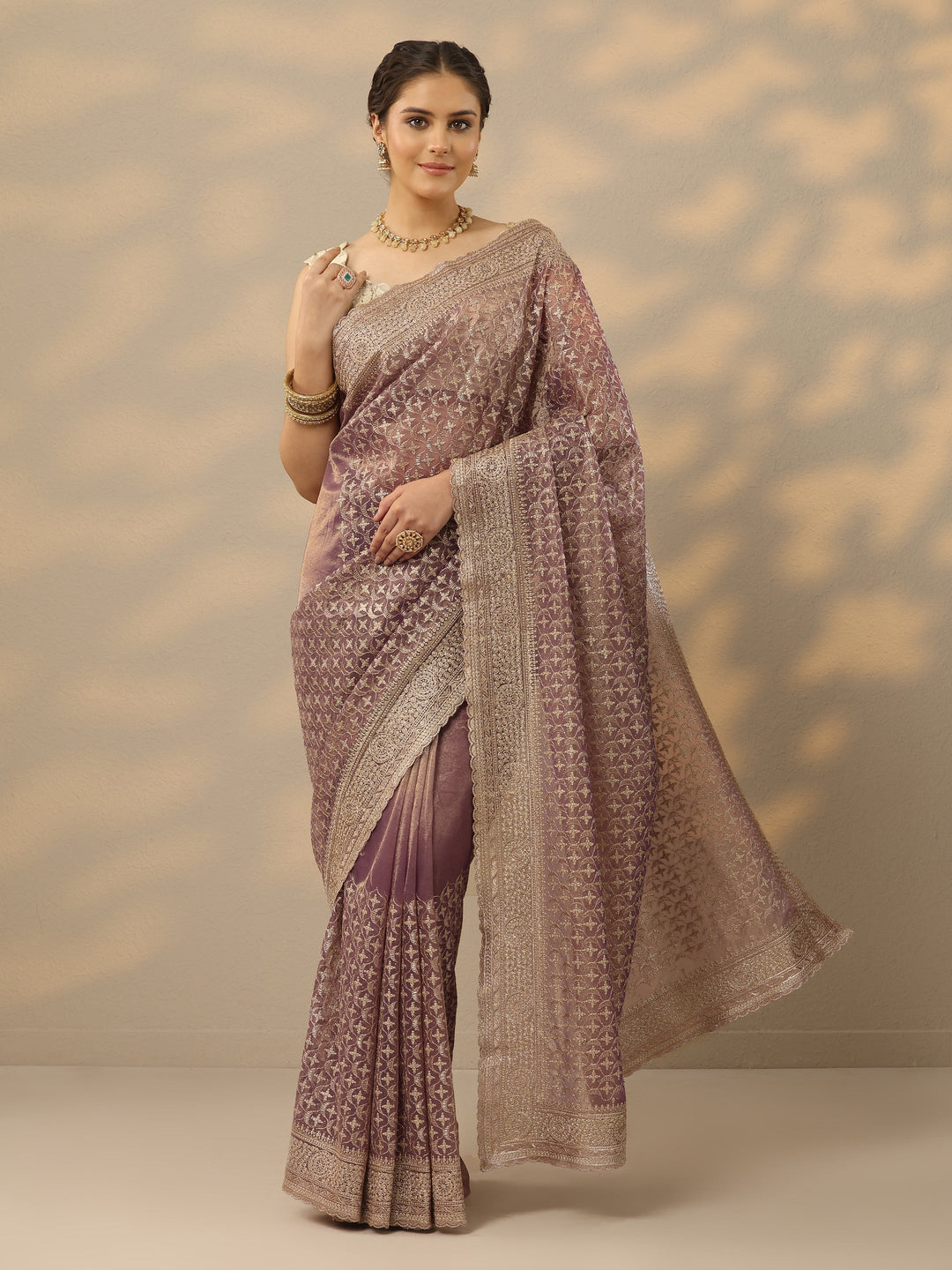  Mauve Embroidered Banarasi Nylon Saree With Unstitched Blouse Piece 