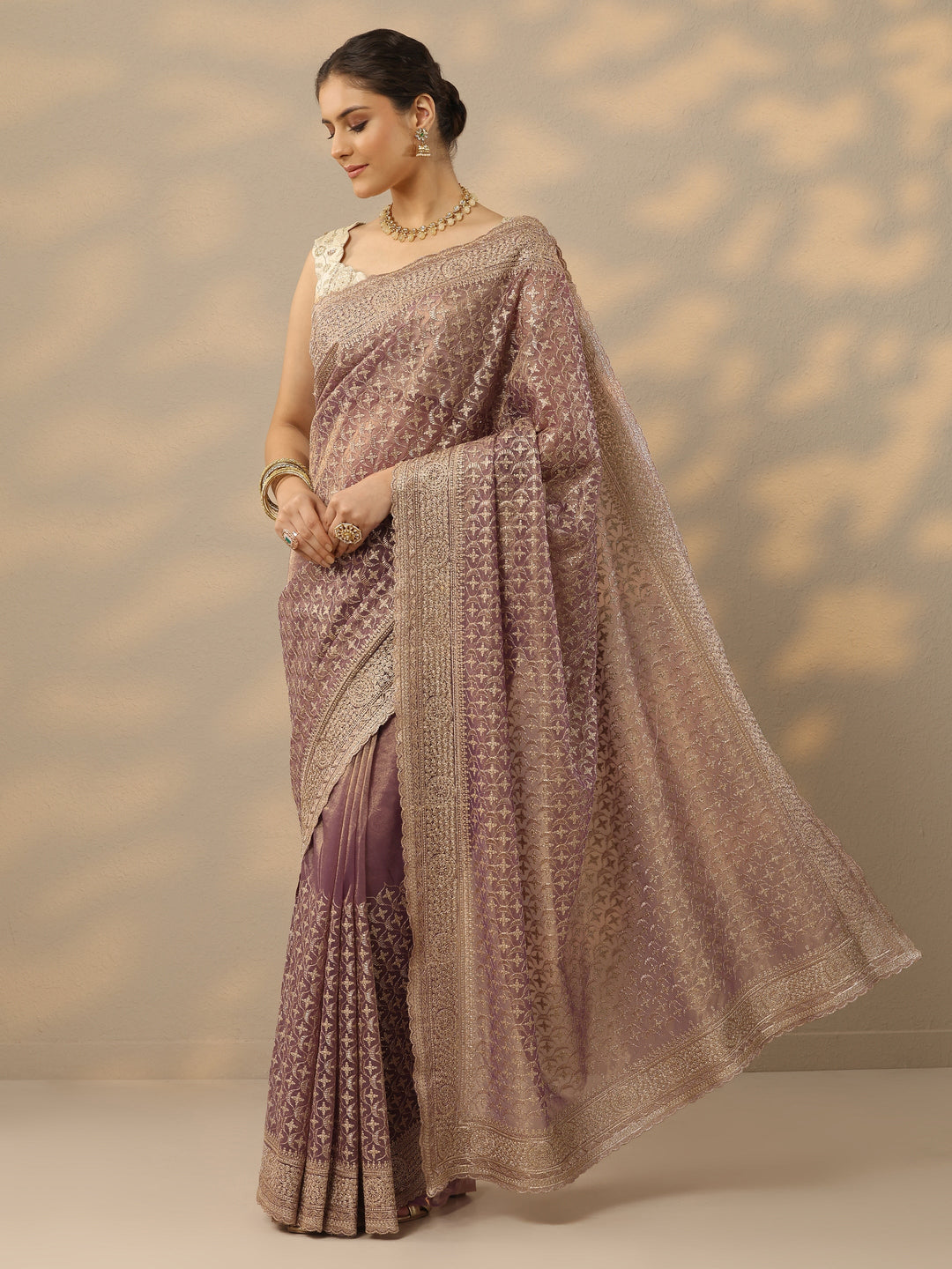  Mauve Embroidered Banarasi Nylon Saree With Unstitched Blouse Piece 