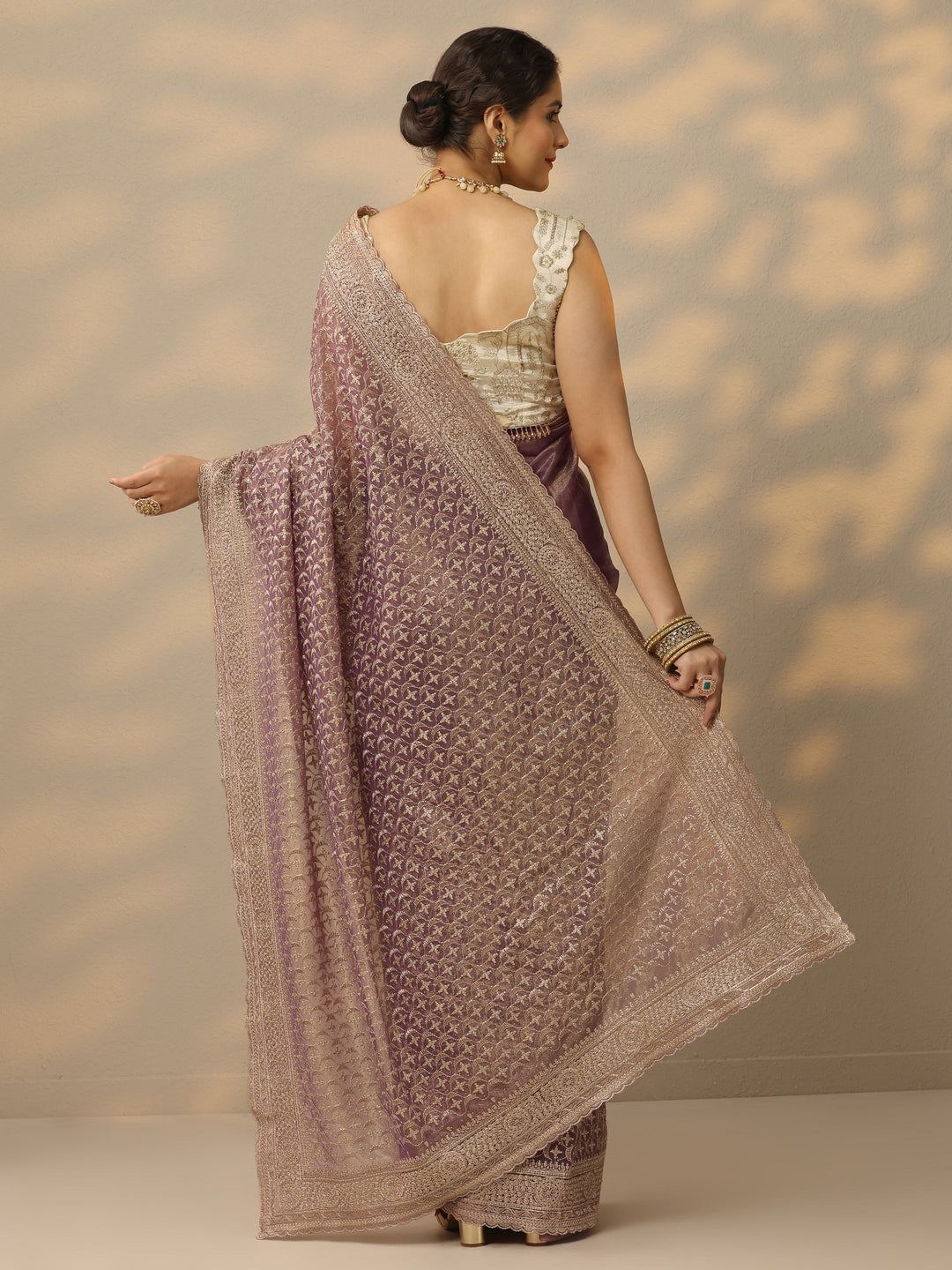  Mauve Embroidered Banarasi Nylon Saree With Unstitched Blouse Piece 