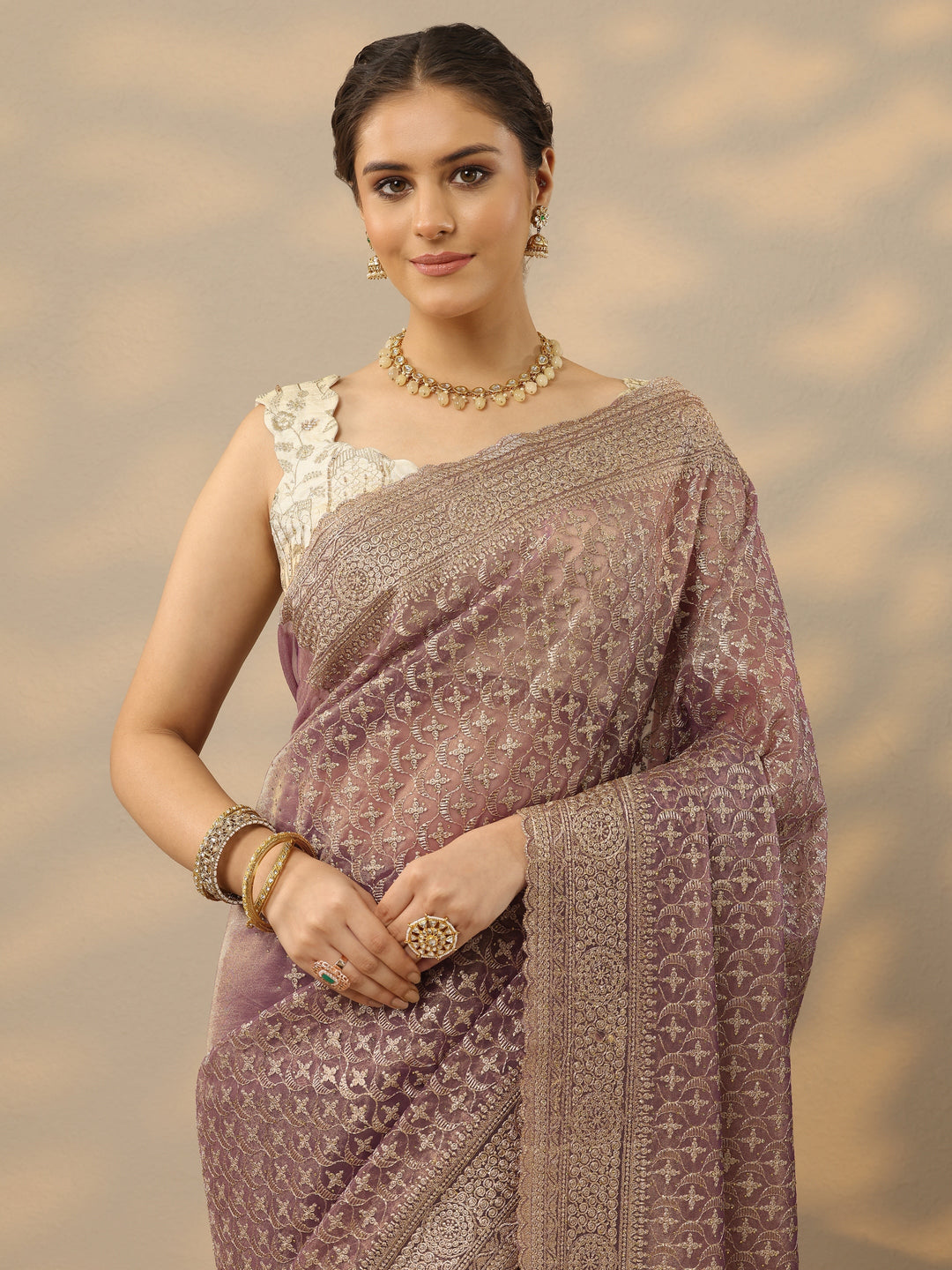  Mauve Embroidered Banarasi Nylon Saree With Unstitched Blouse Piece 