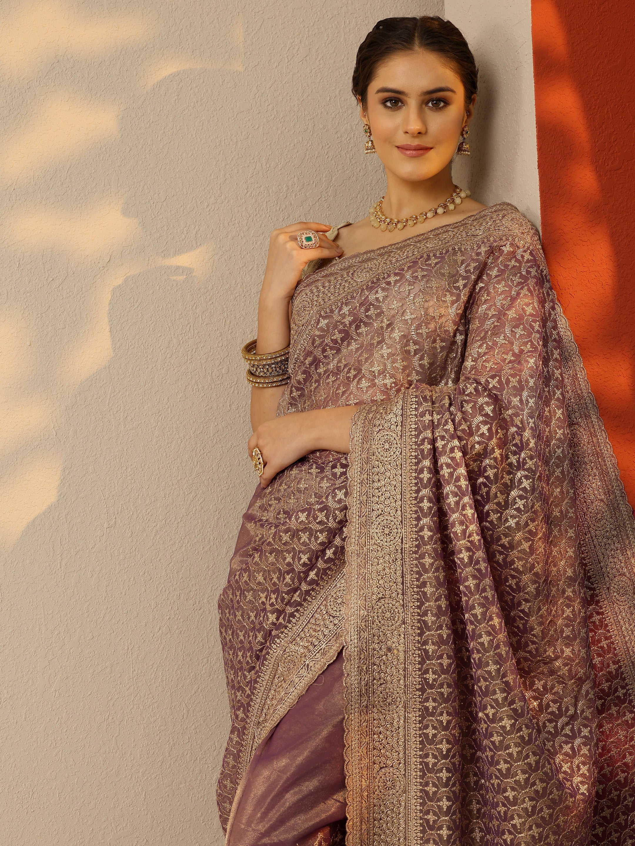 libas Mauve Embroidered Banarasi Nylon Saree With Unstitched Blouse Piece-picture-13