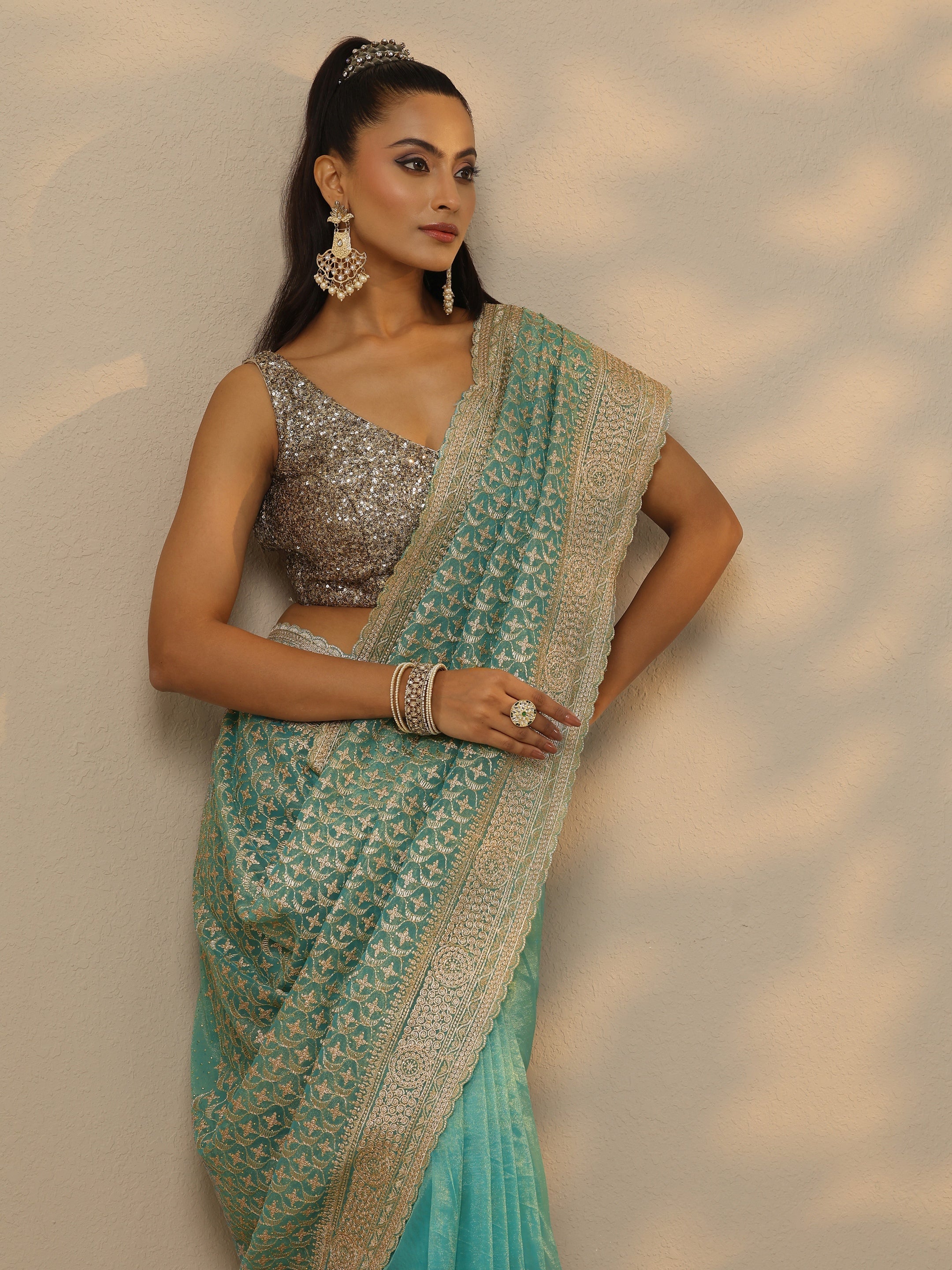 libas Turquoise Blue Embroidered Nylon Saree With Unstitched Blouse Piece-picture-35