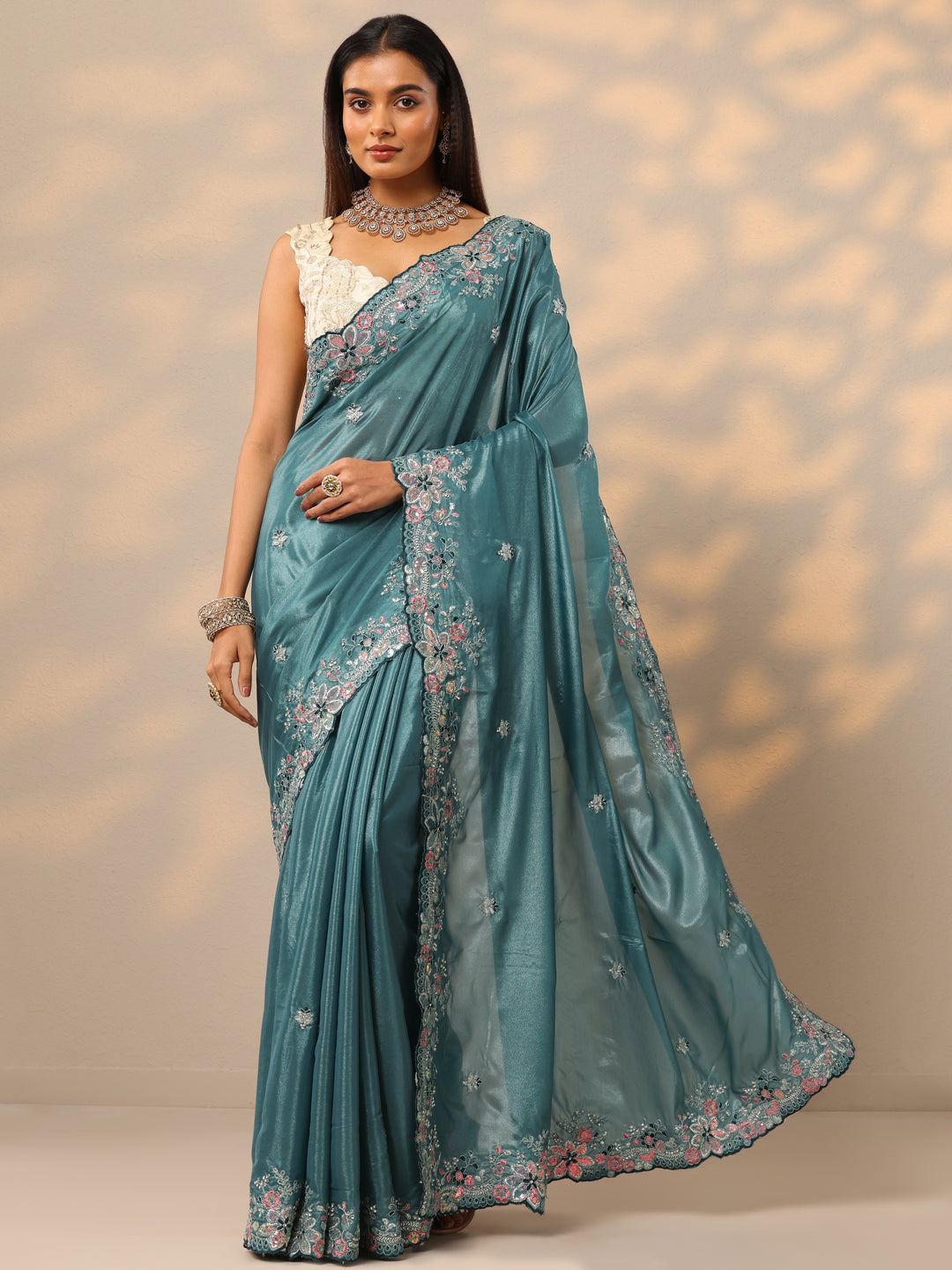  Blue Embroidered Crepe Saree With Unstitched Blouse Piece 