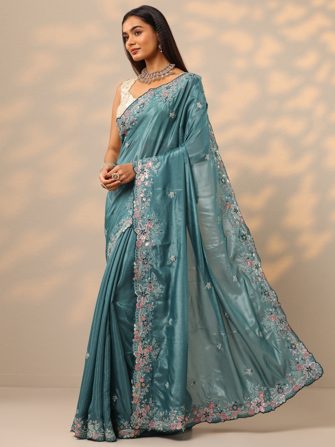  Blue Embroidered Crepe Saree With Unstitched Blouse Piece 