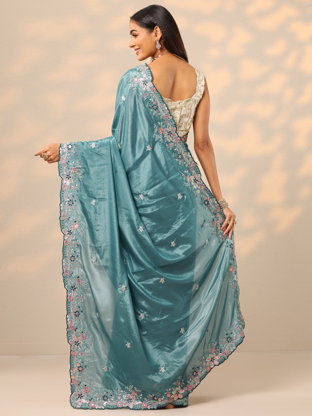  Blue Embroidered Crepe Saree With Unstitched Blouse Piece 