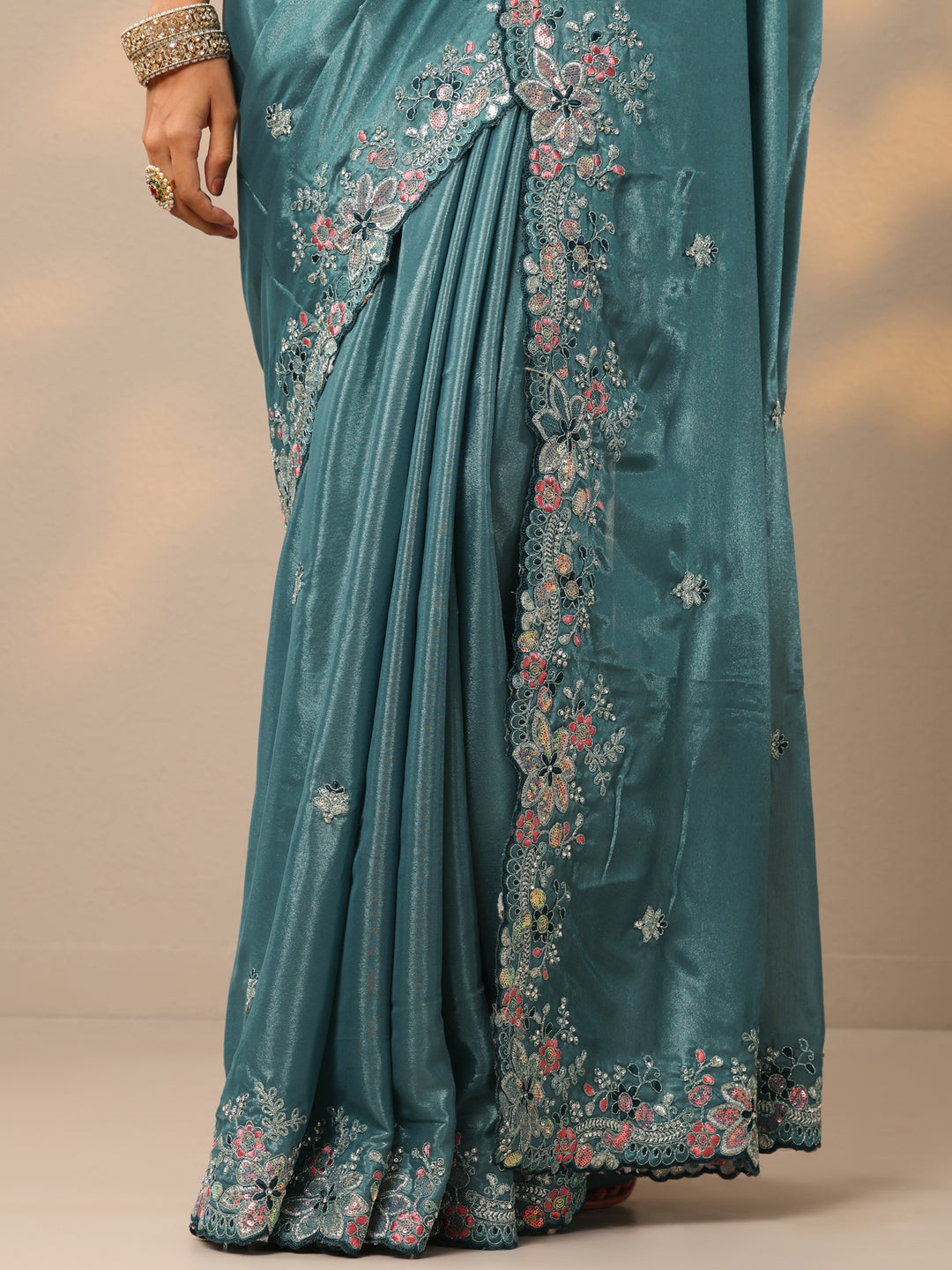  Blue Embroidered Crepe Saree With Unstitched Blouse Piece 