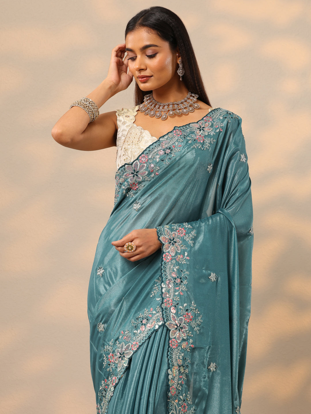  Blue Embroidered Crepe Saree With Unstitched Blouse Piece 