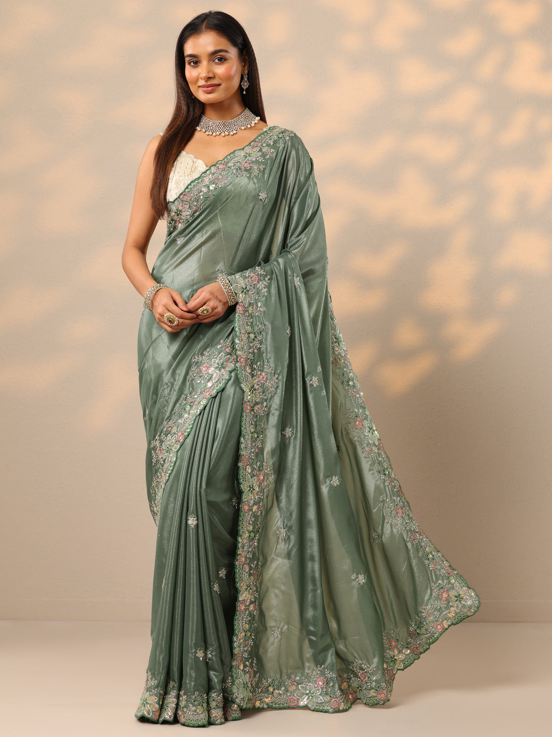  Green Embroidered Crepe Saree With Unstitched Blouse Piece 