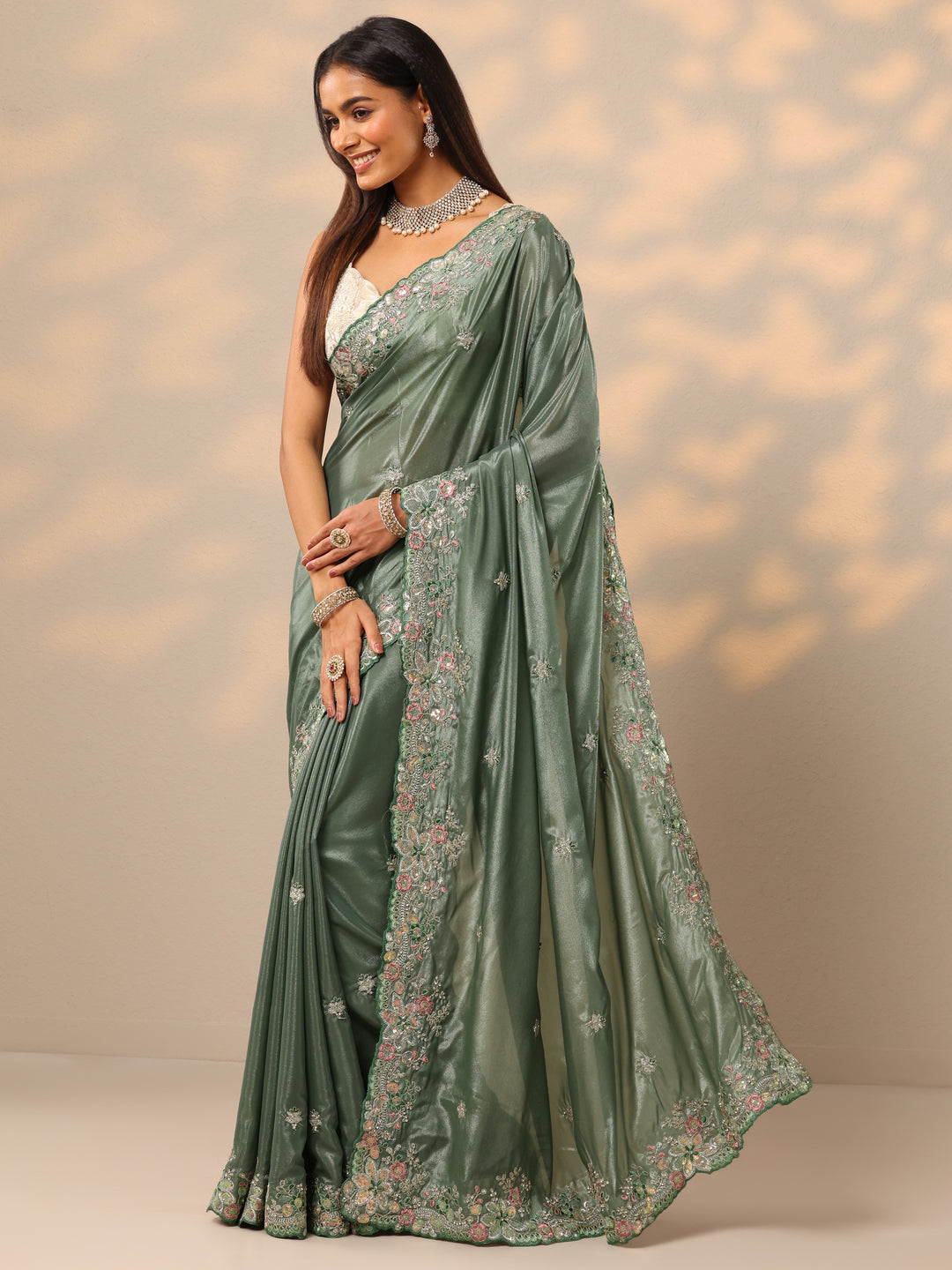  Green Embroidered Crepe Saree With Unstitched Blouse Piece 