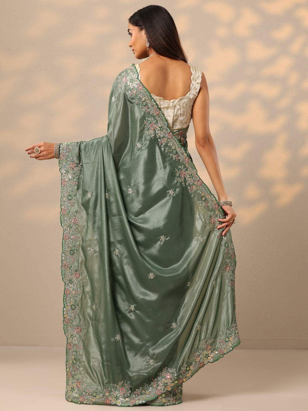  Green Embroidered Crepe Saree With Unstitched Blouse Piece 